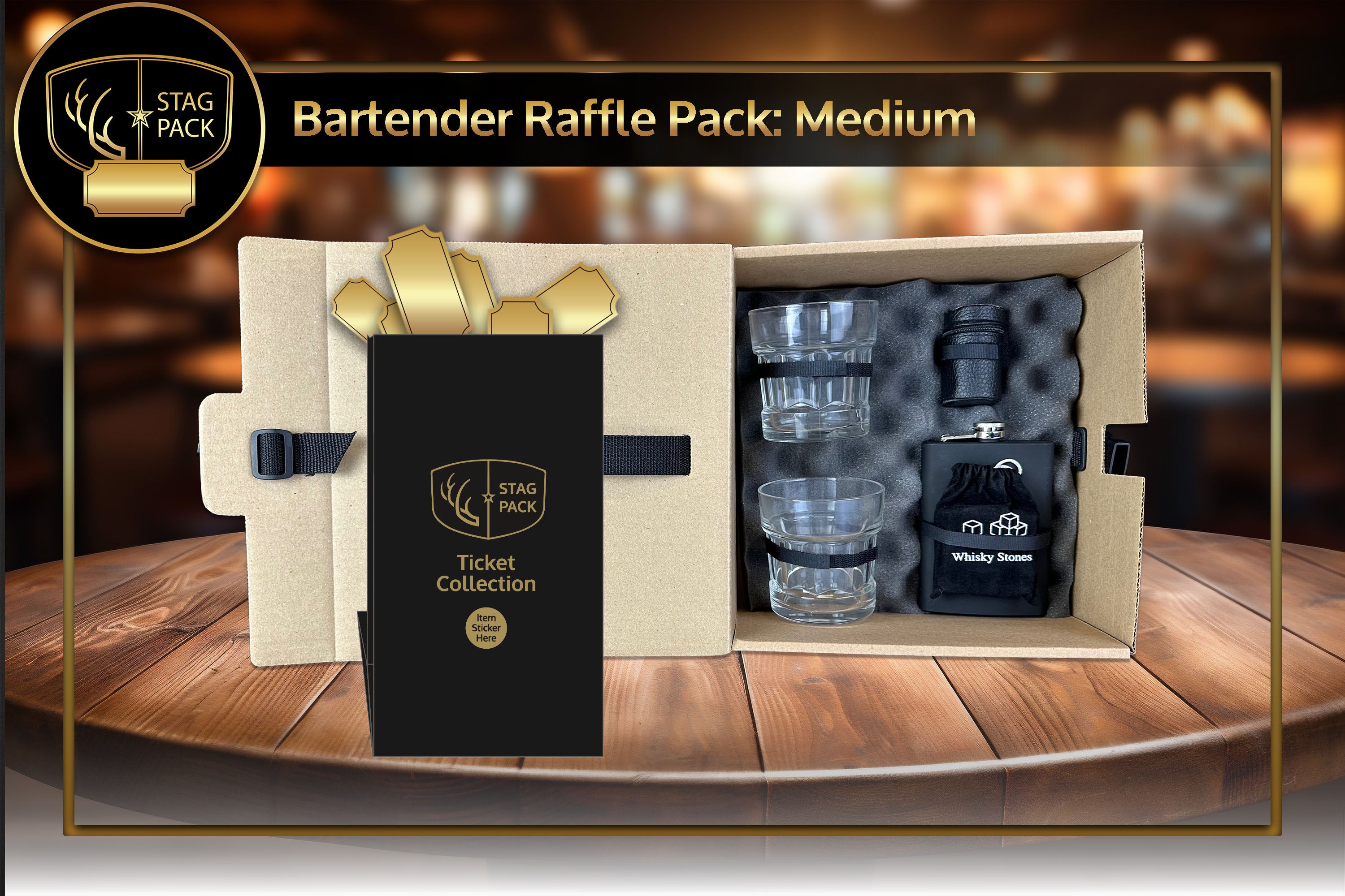 Bartender Raffle Pack includes Matte Black Flask, 4pc Shot Glass Set, 2 Whiskey Glasses and Whiskey Stones in a Easy display Raffle Pack Box.