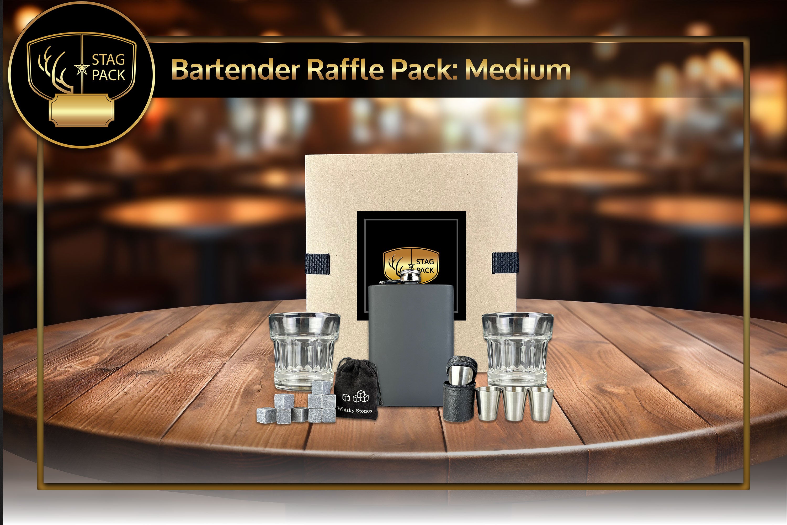 Bartender Raffle Pack includes Matte Black Flask, 4pc Shot Glass Set, 2 Whiskey Glasses and Whiskey Stones in a stand-up display Raffle Pack Box.