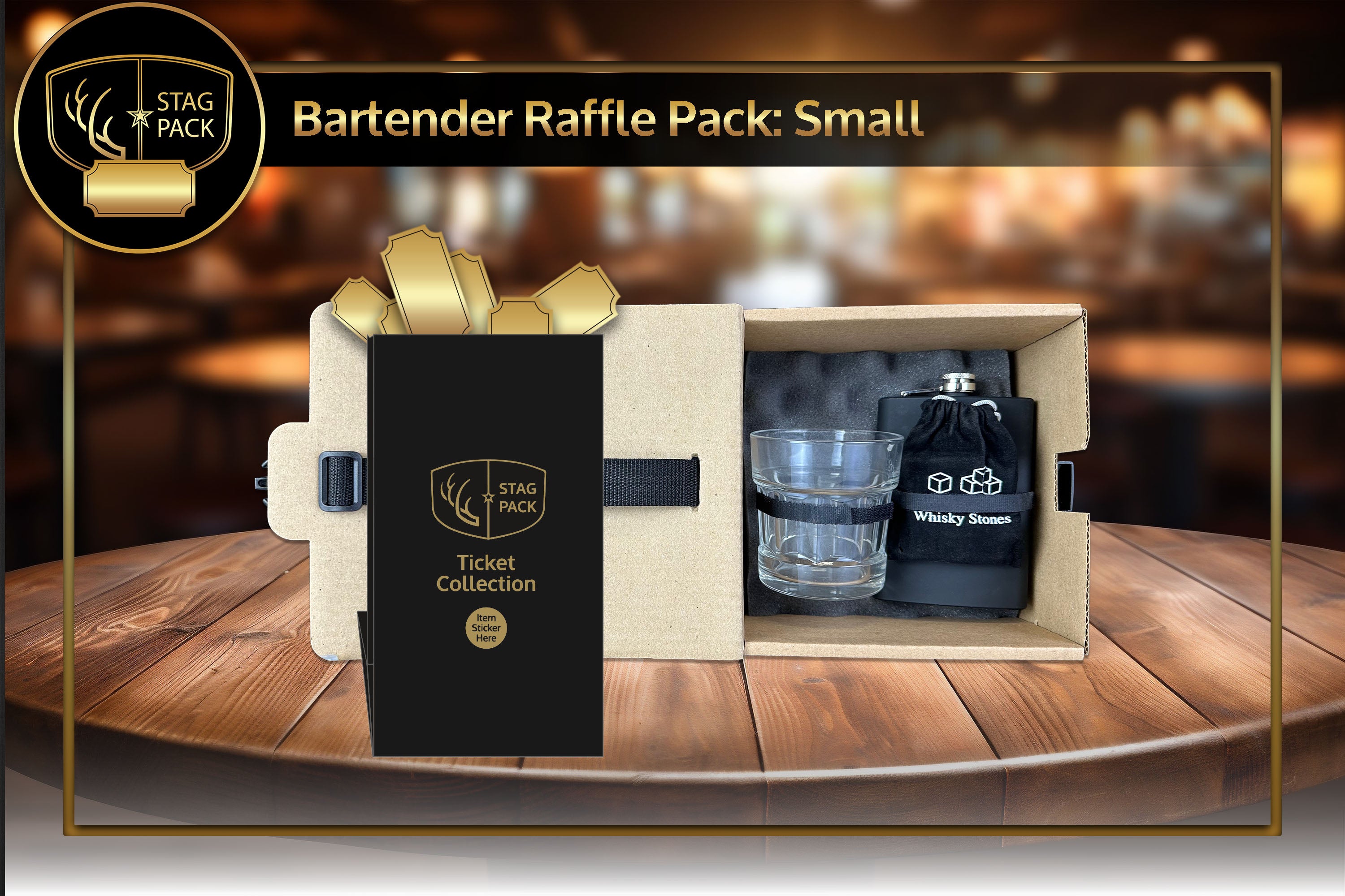 Bartender Raffle Pack includes Matte Black Flask, 2 Whiskey Glasses and 9pc. Granite Whiskey Stones in a Easy display Raffle Pack Box.