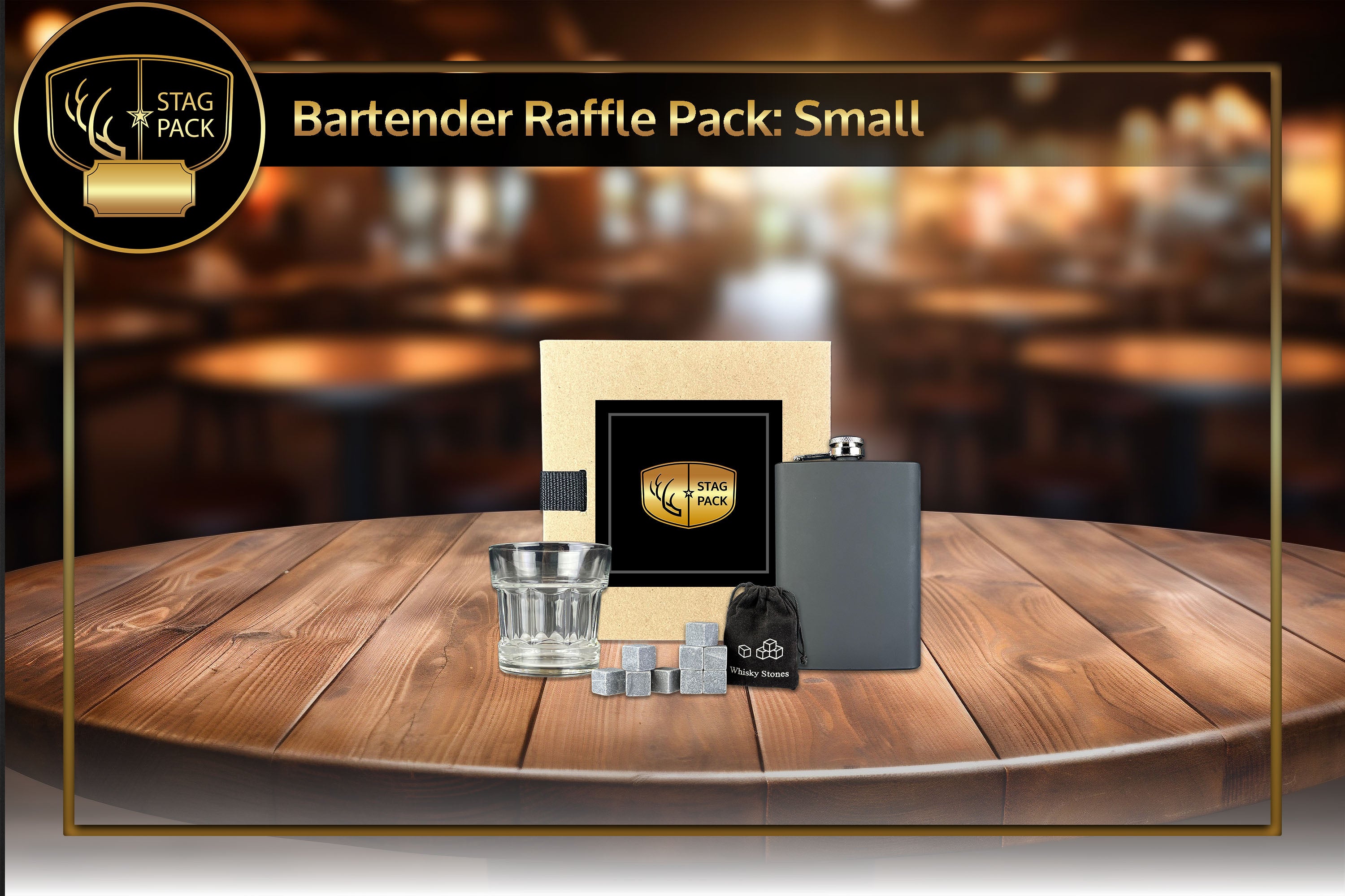 Bartender Raffle Pack includes Matte Black Flask, 2 Whiskey Glasses and 9pc. Granite Whiskey Stones in a stand-up display Raffle Pack Box.