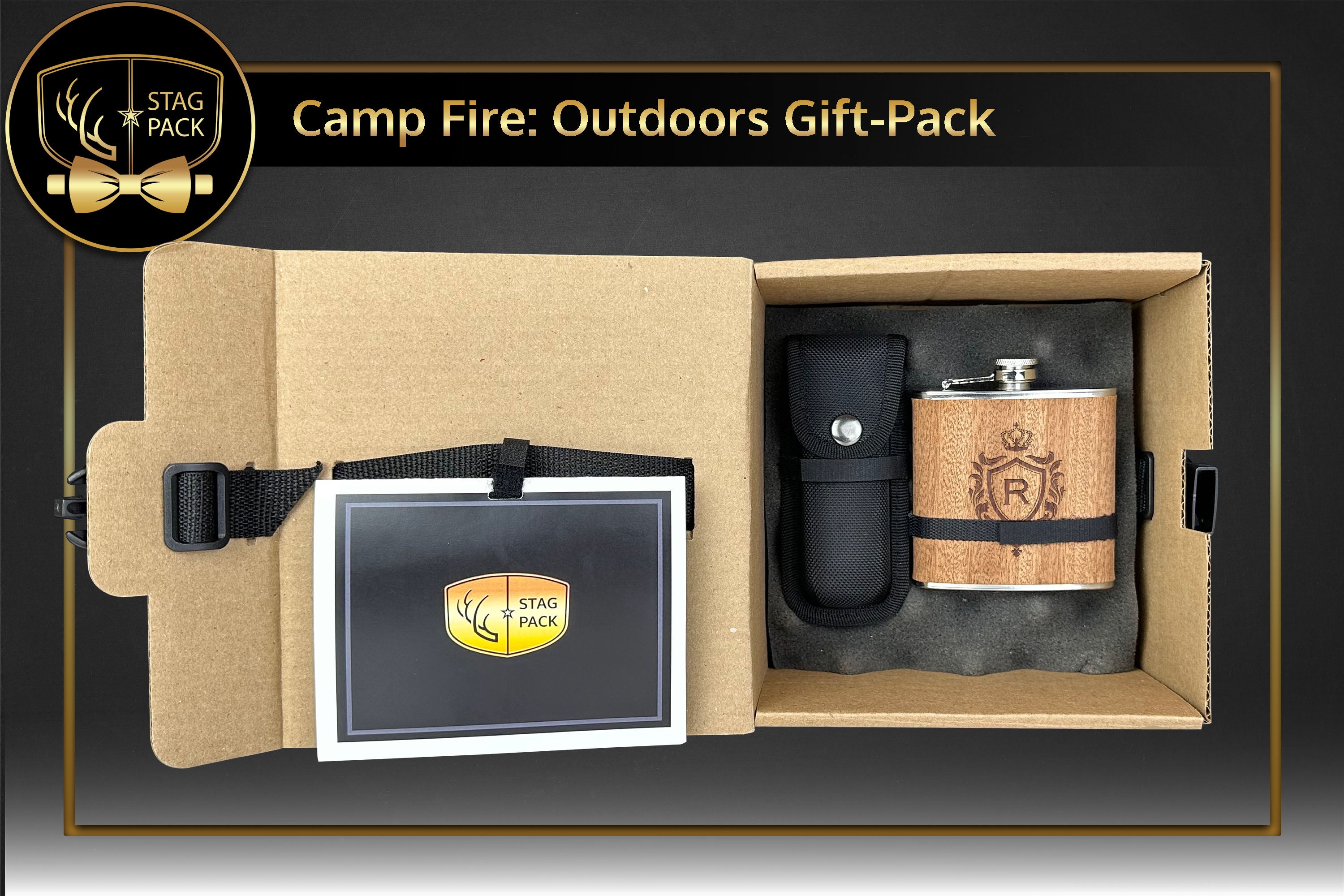 Stag Pack Custom Engraved Groomsmen Outdoors Flask and Knife in a Personalized Gift Box with Message Card.