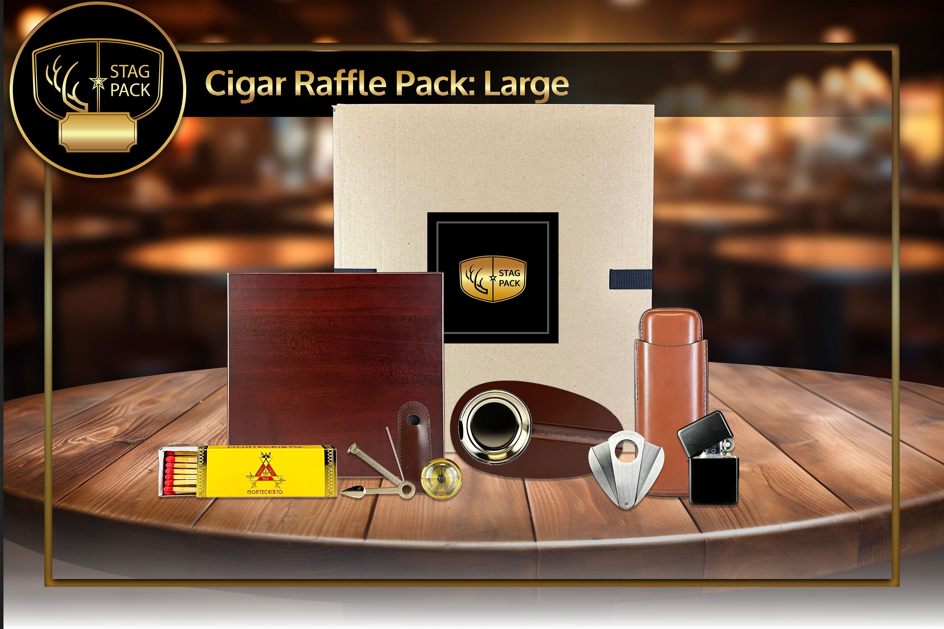 Cigar Large Raffle Pack includes Humidor, Cutters, Dual Case, Lighter, Tool and Hygrometer in a stand-up display Raffle Pack Box.