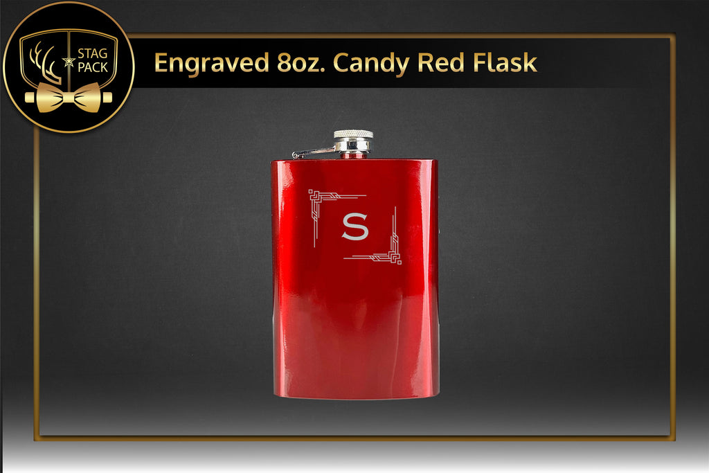 Custom Engraved Groomsmen Gift with Candy Red 8oz. Flask in a Personalized Gift Box. 