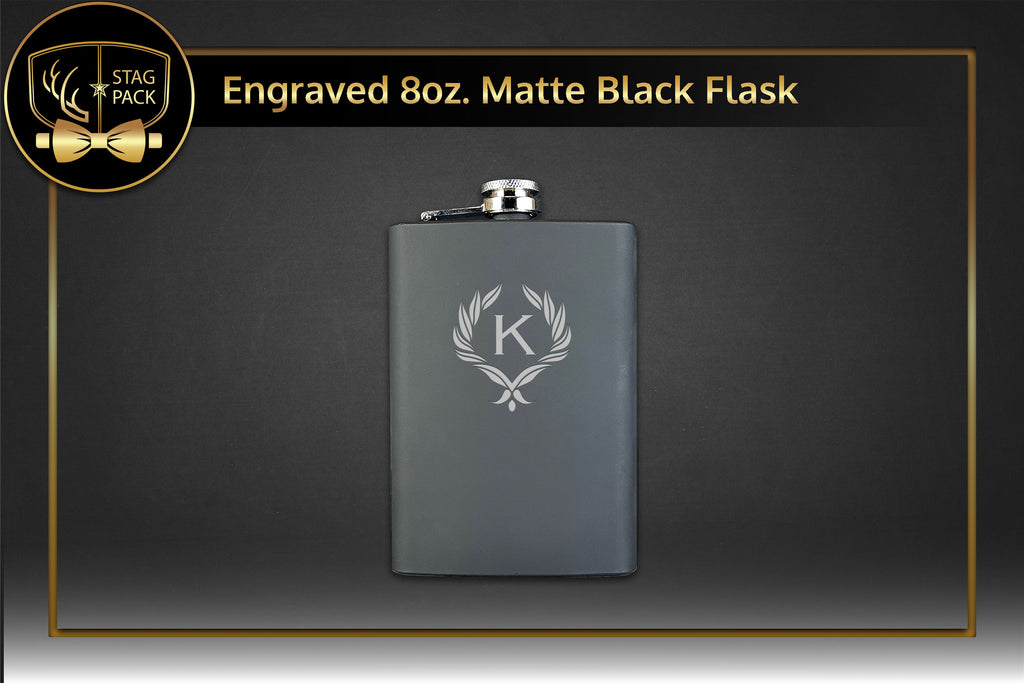 Custom Engraved Groomsmen Gift with Matte Black 8oz. Flask in a Personalized Gift Box.