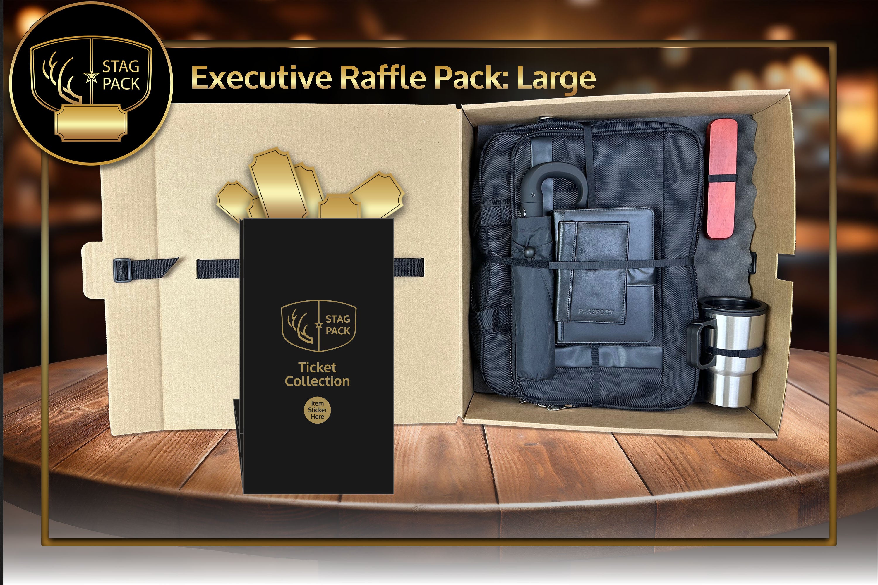 Executive Large Raffle Pack includes Briefcase, Rosewood Pen, Travel Mug, Passport Case and Portfolio Organizer in a stand-up display Raffle Pack Box.