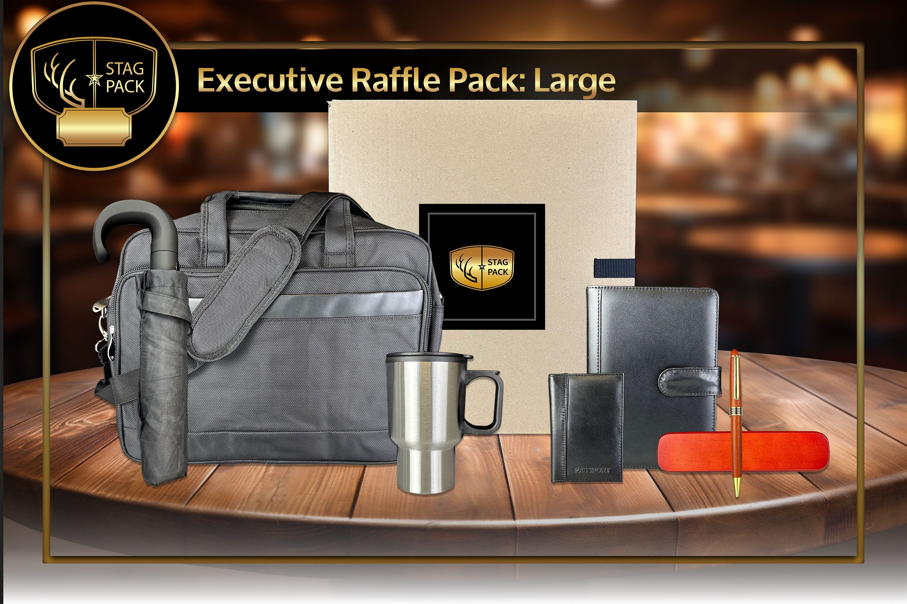 Executive Large Raffle Pack includes Briefcase, Rosewood Pen, Travel Mug, Passport Case and Portfolio Organizer in a stand-up display Raffle Pack Box.