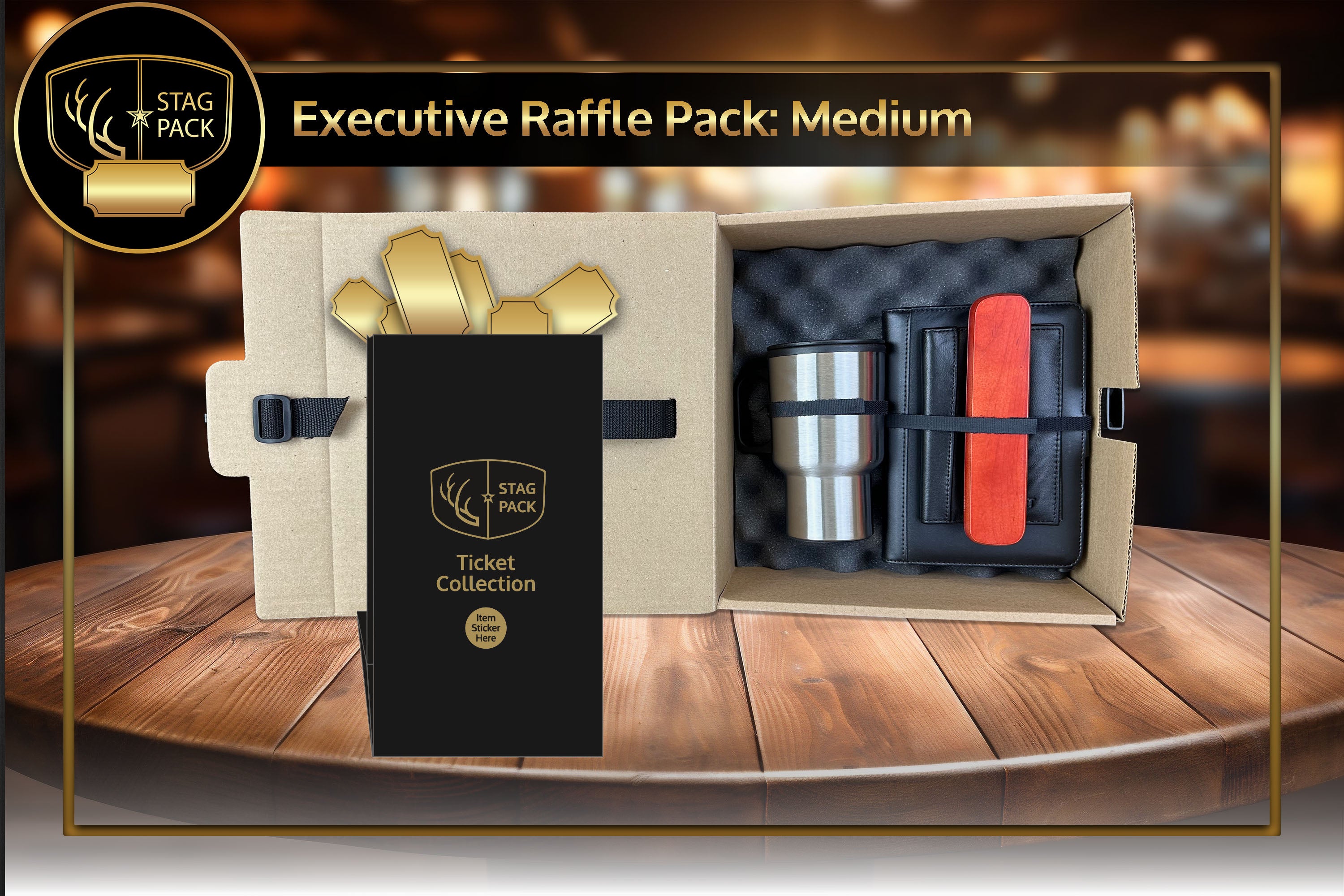 Executive Medium Raffle Pack includes Rosewood Ballpoint Pen, Steel Travel Mug, Passport Case and Portfolio Organizer in a stand-up display Raffle Pack Box.