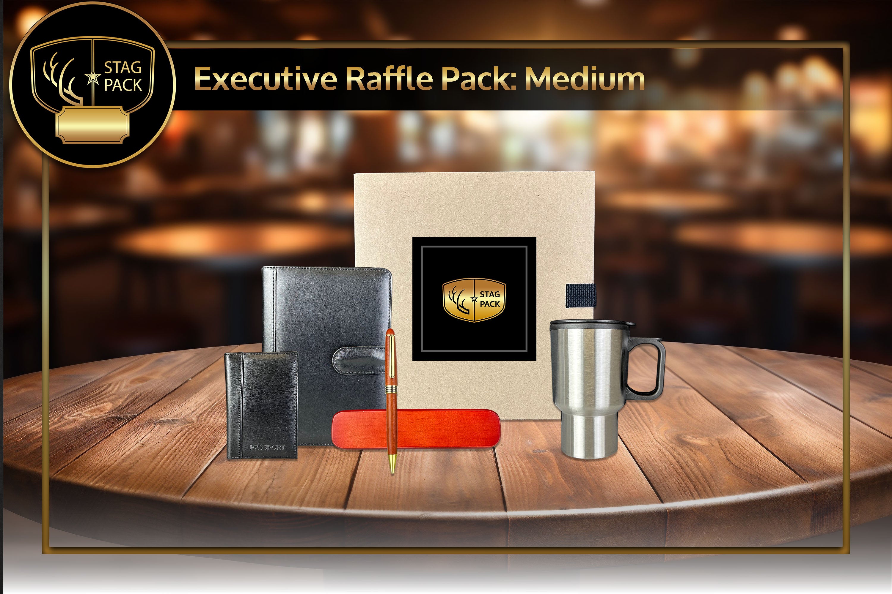 Executive Medium Raffle Pack includes Rosewood Ballpoint Pen, Steel Travel Mug, Passport Case and Portfolio Organizer in a stand-up display Raffle Pack Box.