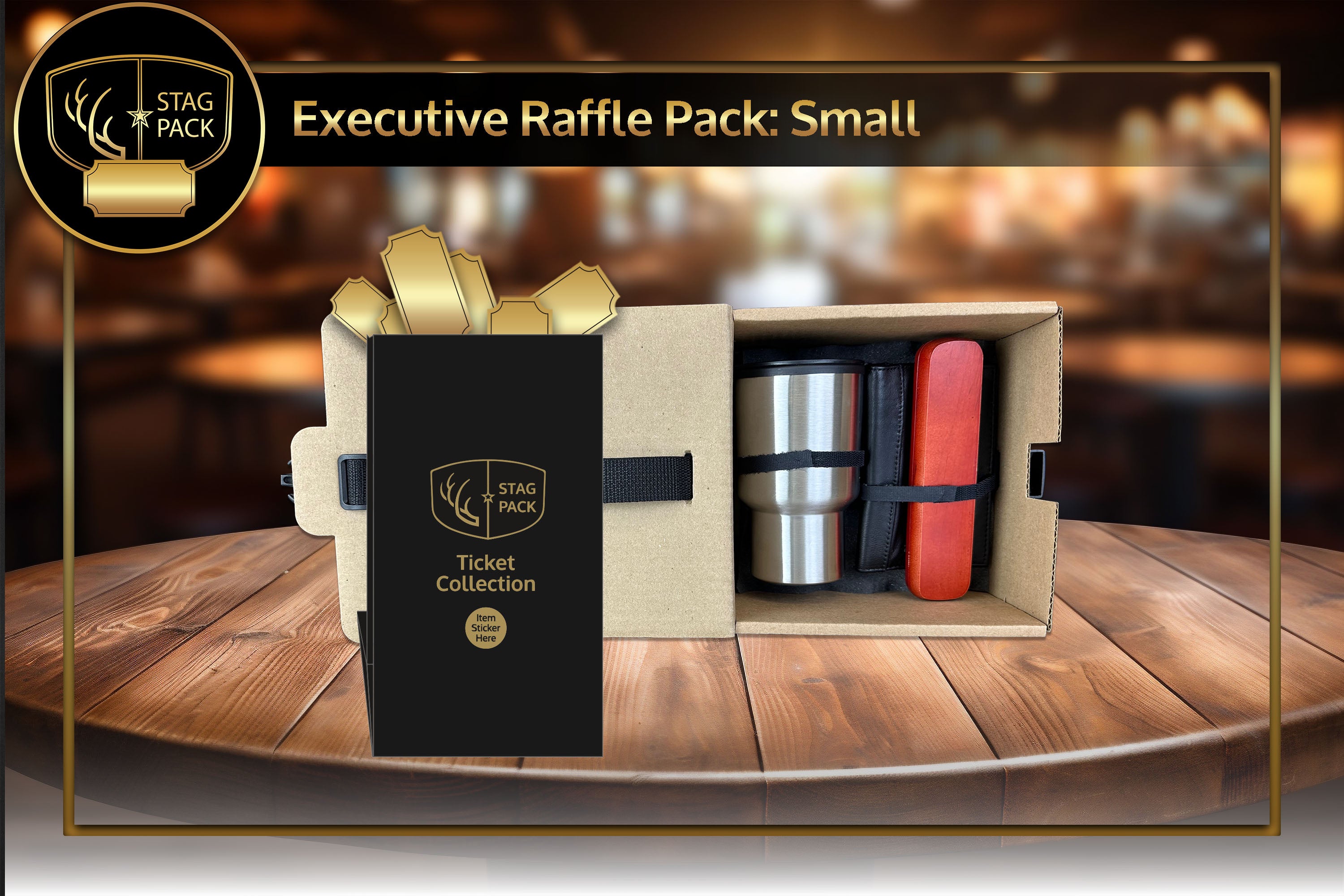 Executive Small Raffle Pack includes Rosewood Ballpoint Pen, Stainless Steel Travel Mug and Passport Case in a stand-up display Raffle Pack Box.