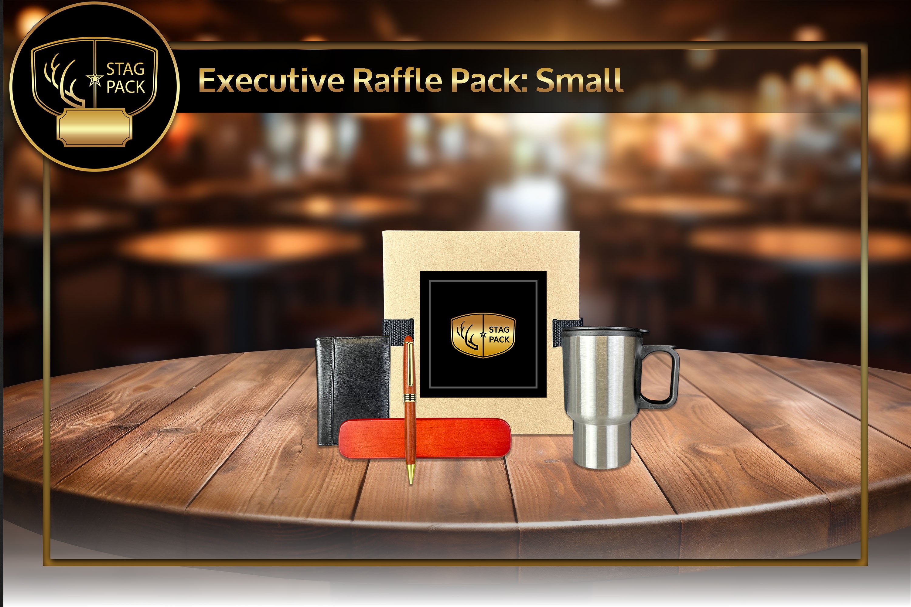 Executive Small Raffle Pack includes Rosewood Ballpoint Pen, Stainless Steel Travel Mug and Passport Case in a stand-up display Raffle Pack Box.