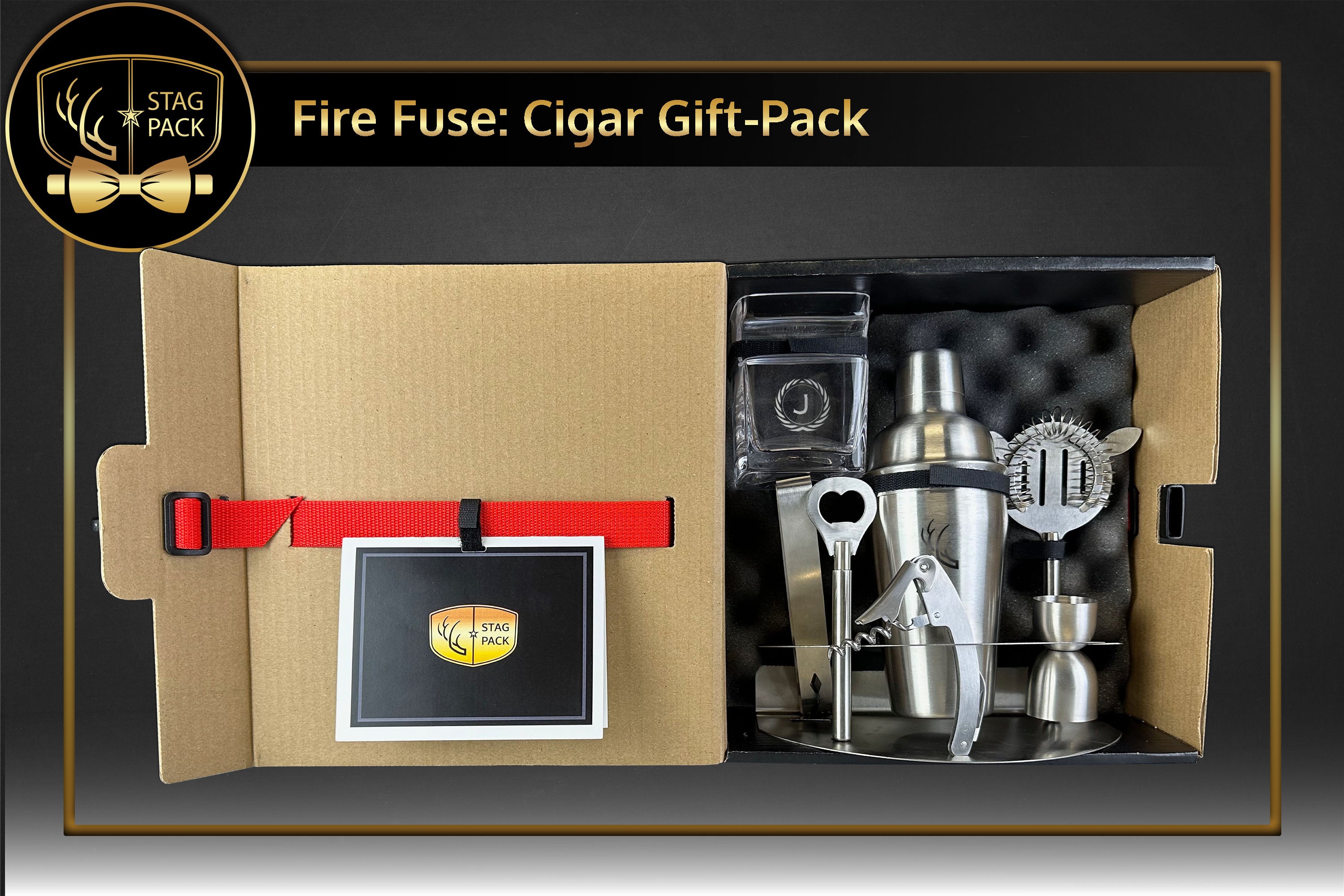 Custom Engraved Groomsmen Cigar Glass & Shaker Set Gift-Pack in a Personalized Gift Box with Message Card.