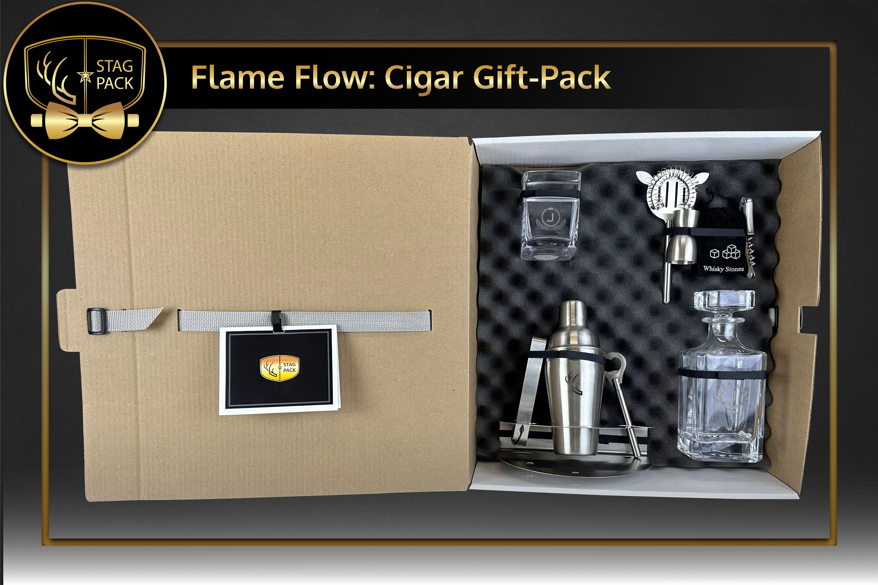 Custom Engraved Groomsmen Cigar Glass, Decanter, Whiskey Stones, and Shaker Set Gift-Pack in a Personalized Gift Box with Message Card.