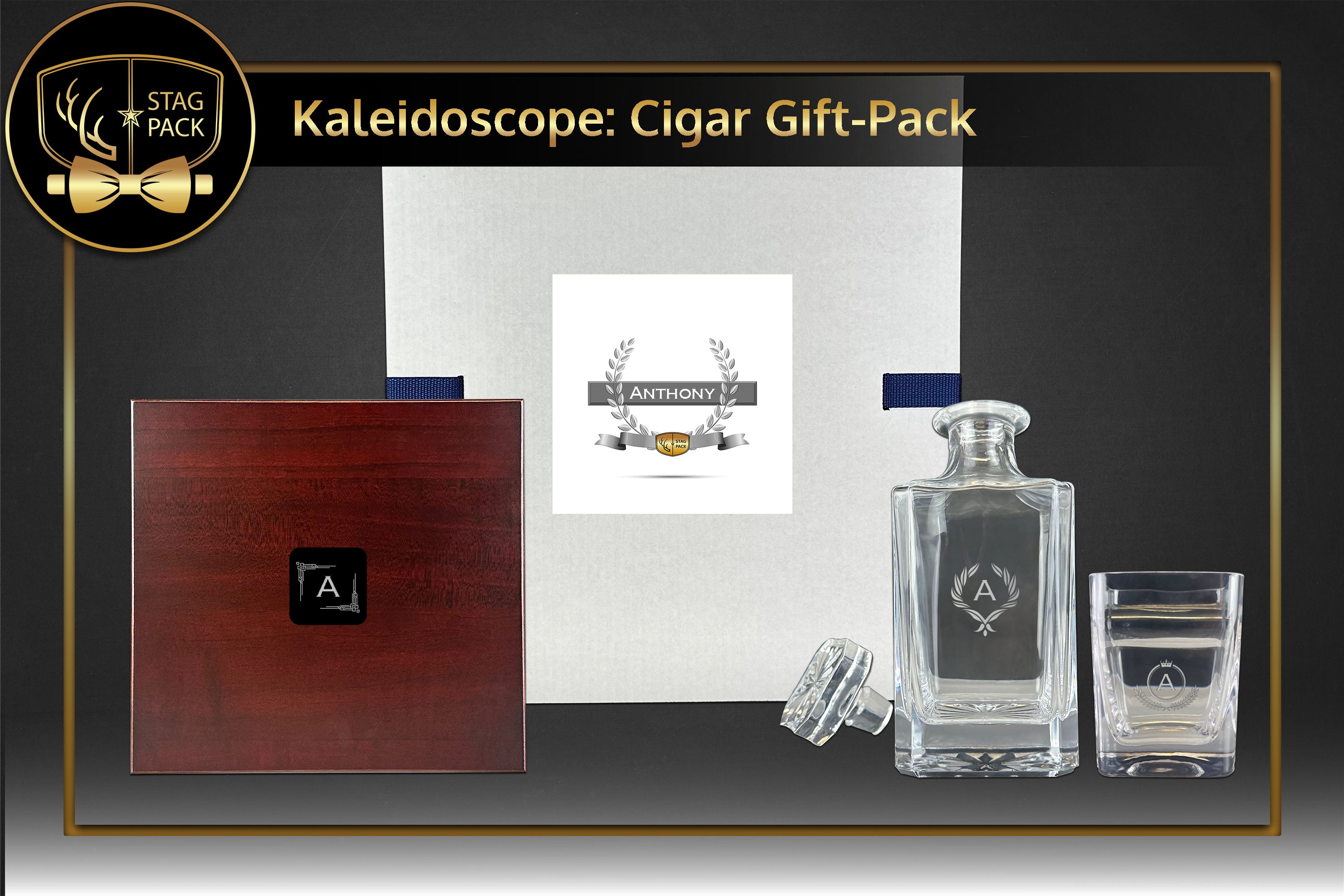 Custom Engraved Groomsmen Decanter, Cigar Glass and Humidor Gift-Pack in a Personalized Gift Box.