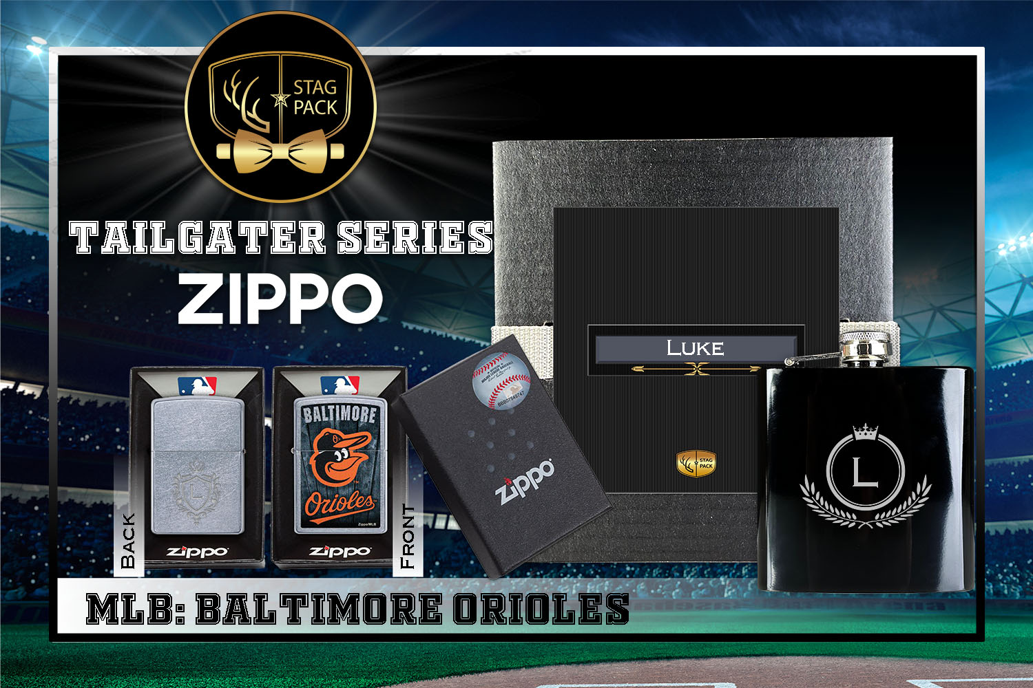 Custom Engraved Groomsmen Gift with Flask & Zippo Windproof Lighter in a Personalized Gift Box.