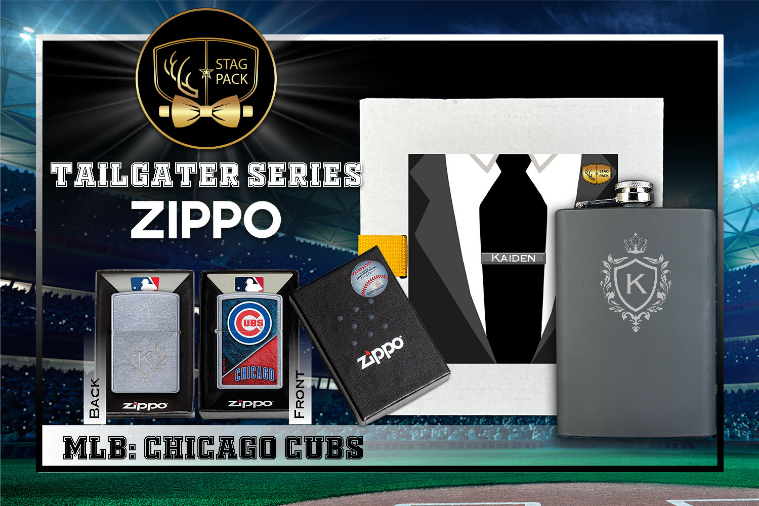 Custom Engraved Groomsmen Gift with Flask & Zippo Windproof Lighter in a Personalized Gift Box.