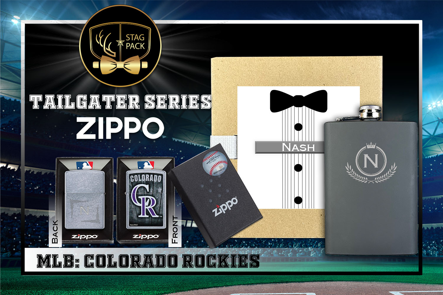 Custom Engraved Groomsmen Gift with Flask & Zippo Windproof Lighter in a Personalized Gift Box.