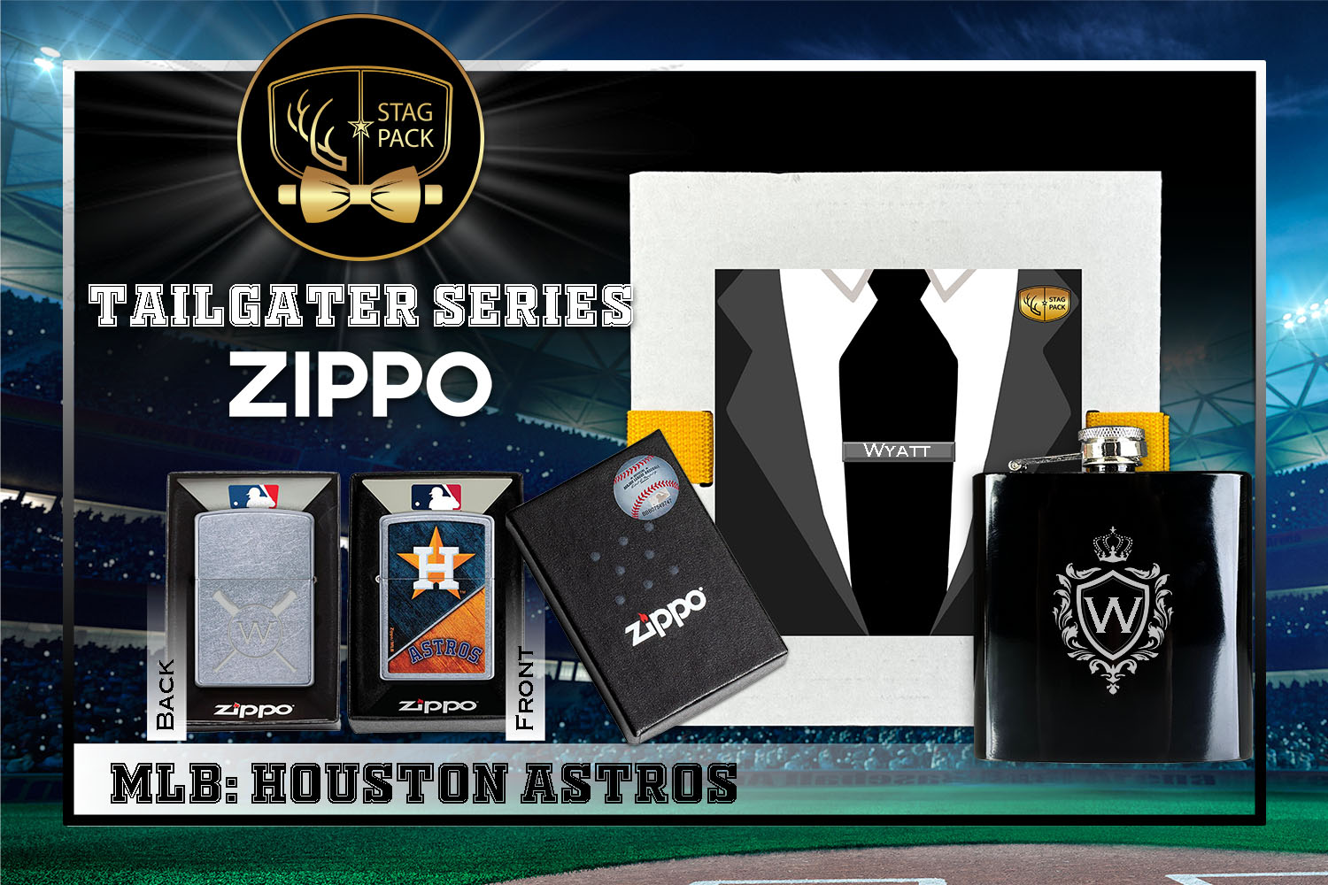 Custom Engraved Groomsmen Gift with Flask & Zippo Windproof Lighter in a Personalized Gift Box.