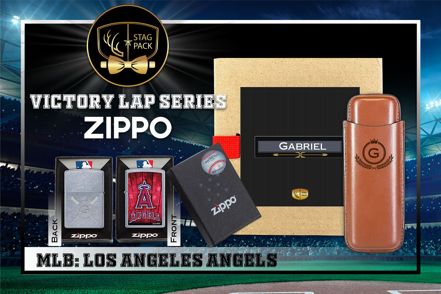 Custom Engraved Groomsmen Gift with Dual Sleeve Leather Cigar Case & Zippo Windproof Lighter in a Personalized Gift Box.