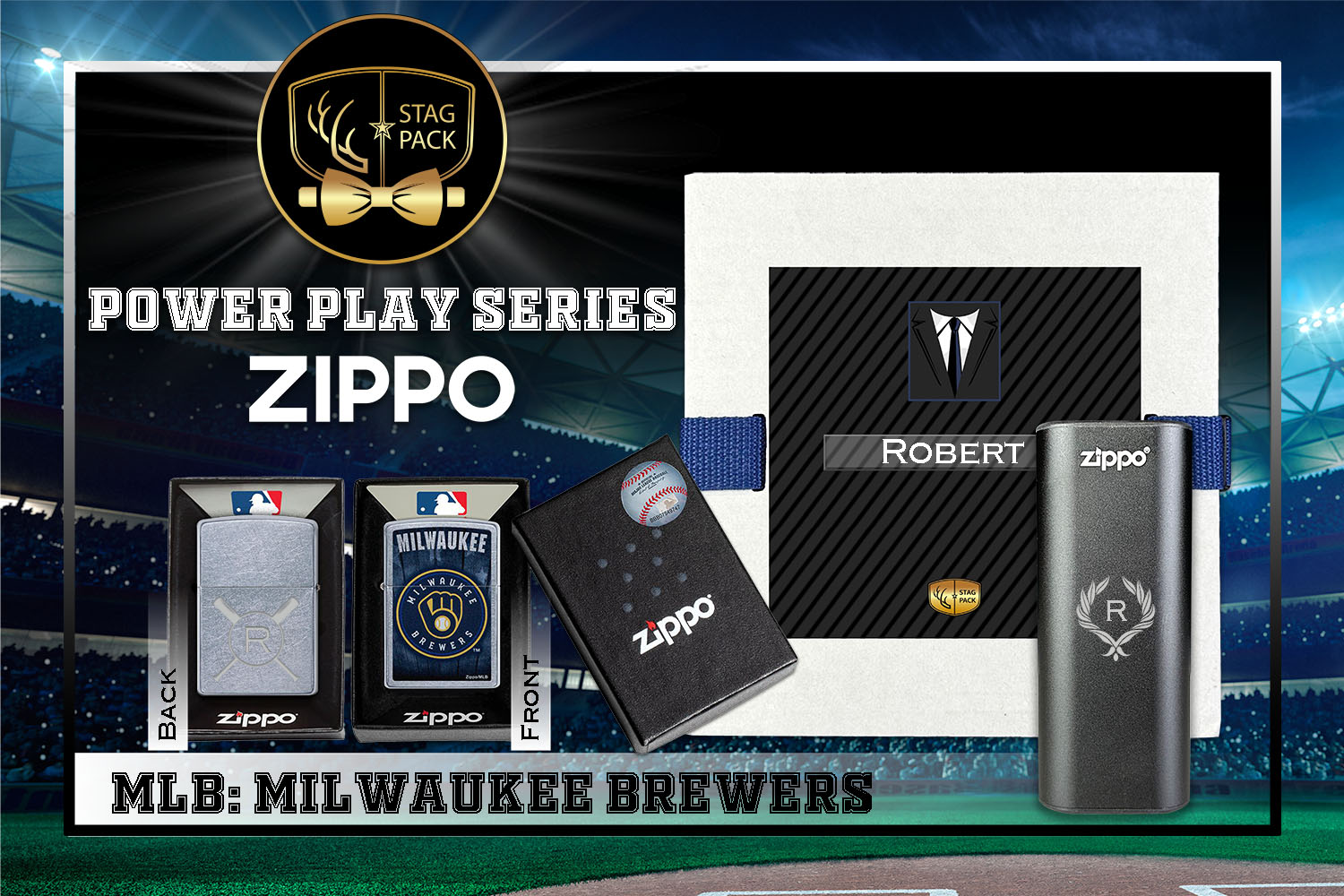 Custom Engraved Groomsmen Gift with MLB Zippo Windproof Lighter& Heatbank in a Personalized Gift Box.