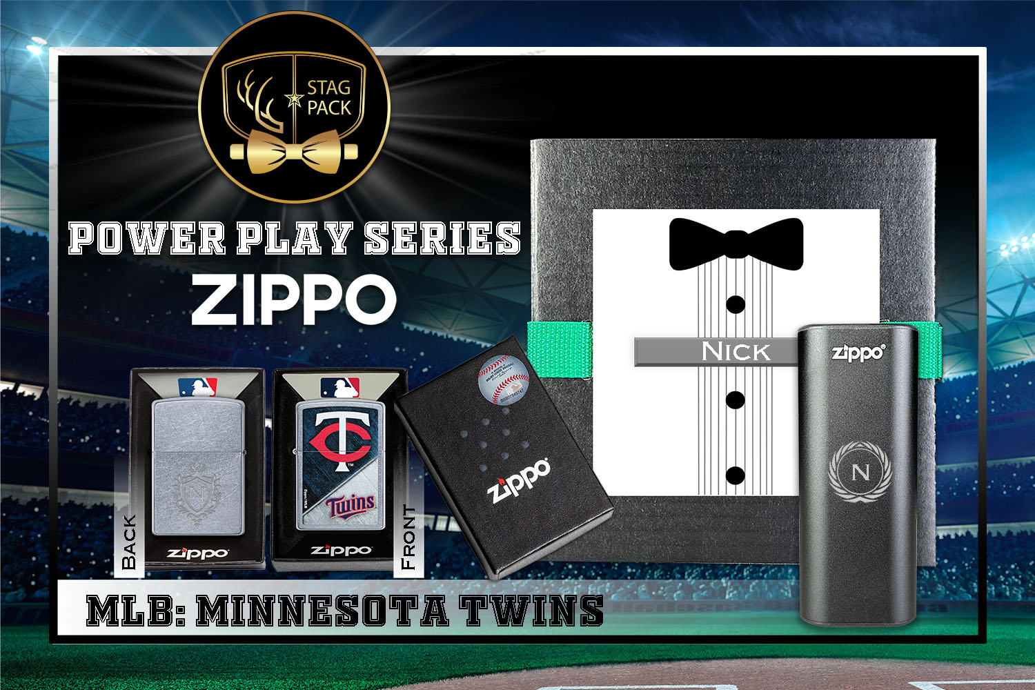 Custom Engraved Groomsmen Gift with MLB Zippo Windproof Lighter& Heatbank in a Personalized Gift Box.