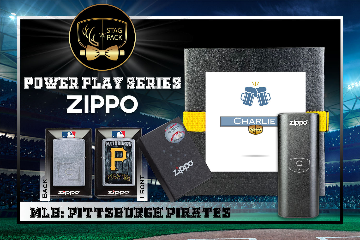 Custom Engraved Groomsmen Gift with MLB Zippo Windproof Lighter& Heatbank in a Personalized Gift Box.