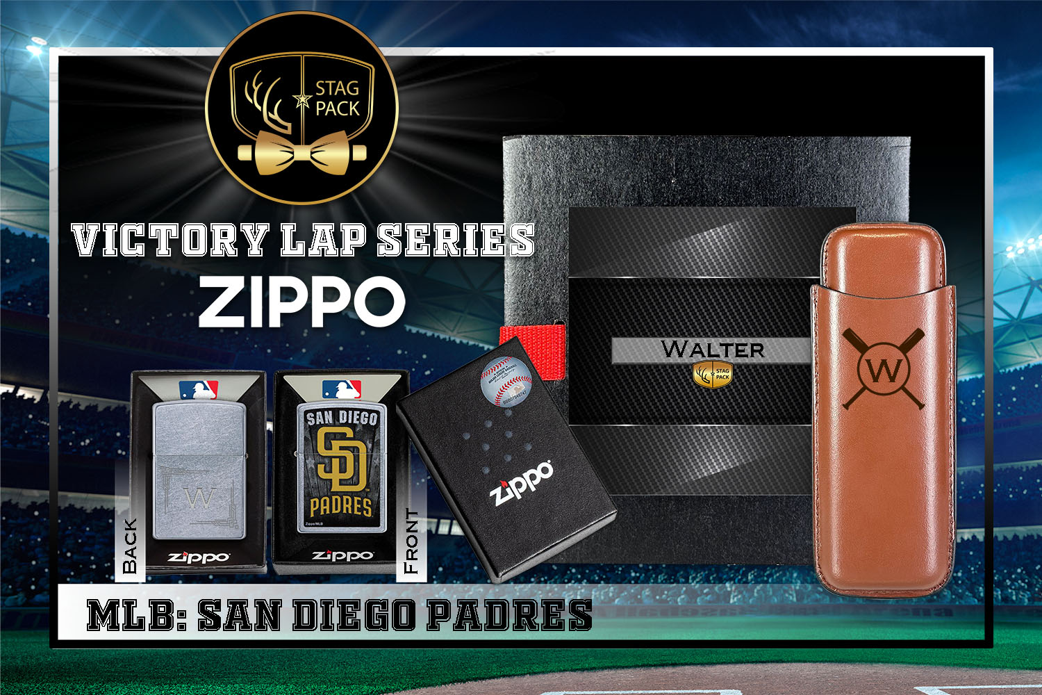 Custom Engraved Groomsmen Gift with Dual Sleeve Leather Cigar Case & Zippo Windproof Lighter in a Personalized Gift Box.