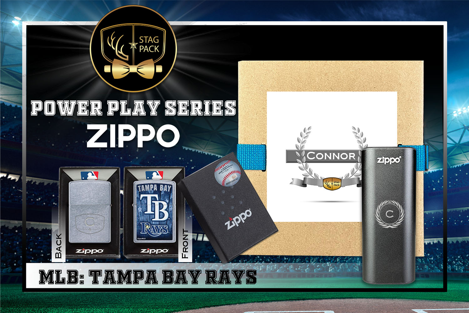 Custom Engraved Groomsmen Gift with MLB Zippo Windproof Lighter& Heatbank in a Personalized Gift Box.