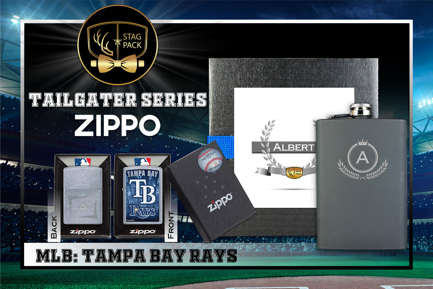 Custom Engraved Groomsmen Gift with Flask & Zippo Windproof Lighter in a Personalized Gift Box.