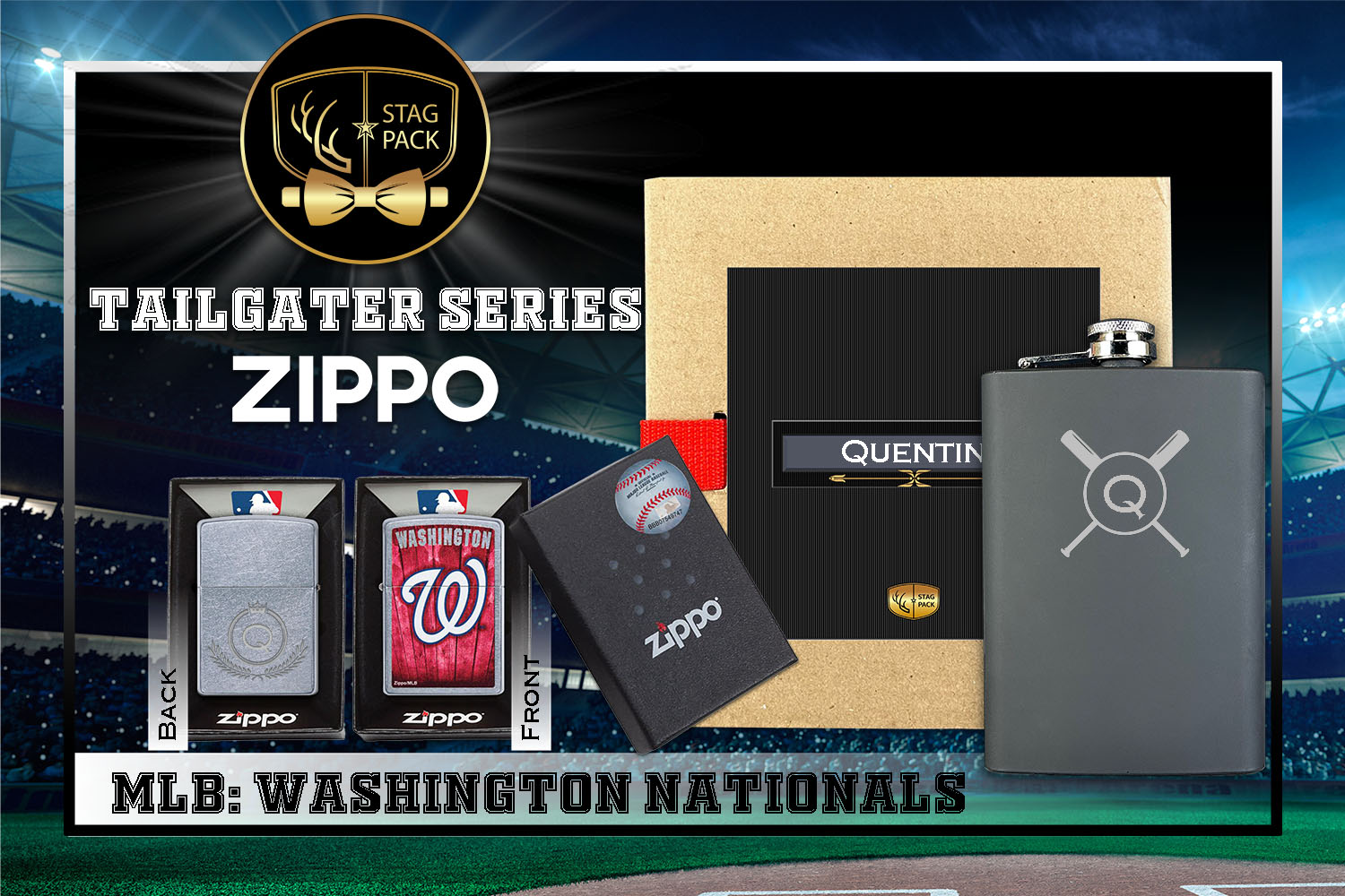 Custom Engraved Groomsmen Gift with Flask & Zippo Windproof Lighter in a Personalized Gift Box.