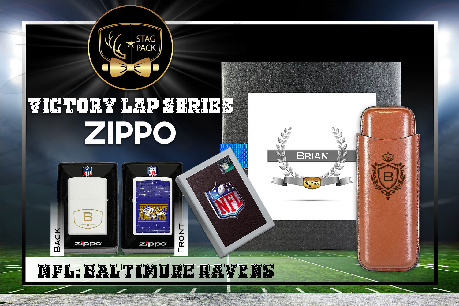 Custom Engraved Groomsmen Gift with Dual Sleeve Leather Cigar Case & Zippo Windproof Lighter in a Personalized Gift Box.