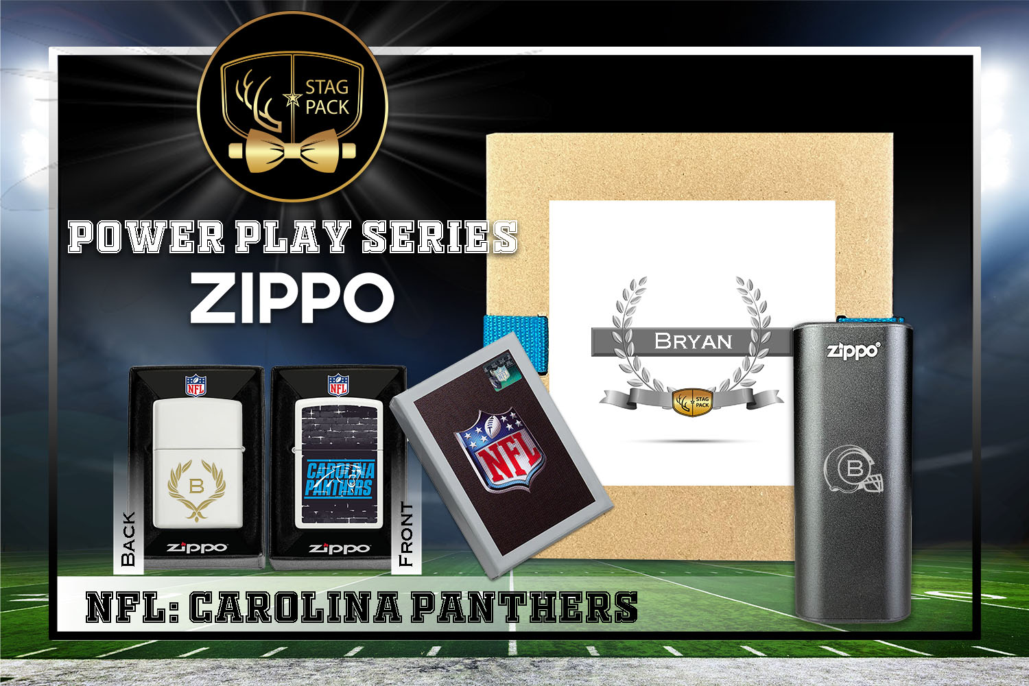 Custom Engraved Groomsmen Gift with NFL Zippo Windproof Lighter& Heatbank in a Personalized Gift Box.