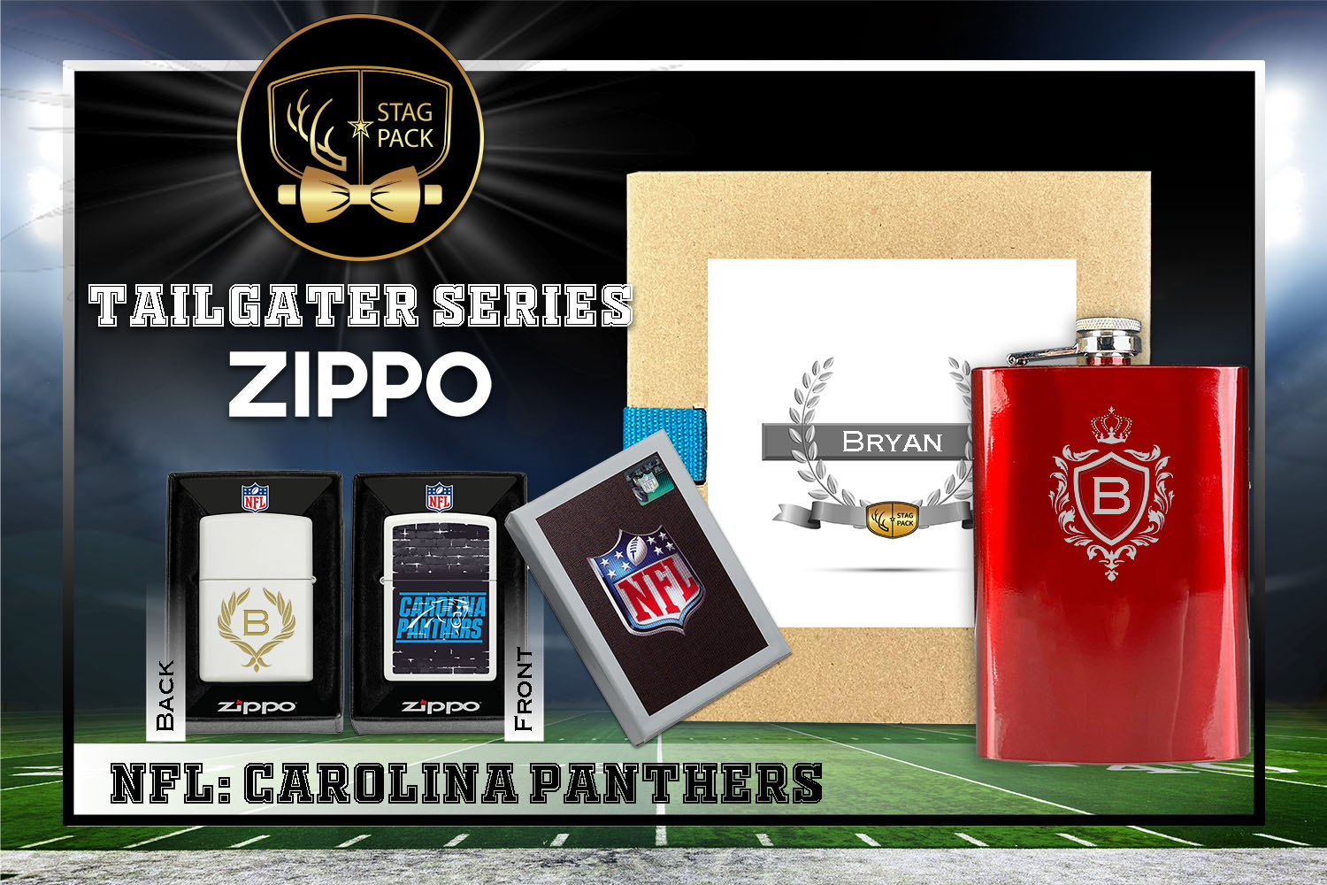Custom Engraved Groomsmen Gift with Flask & Zippo Windproof Lighter in a Personalized Gift Box.