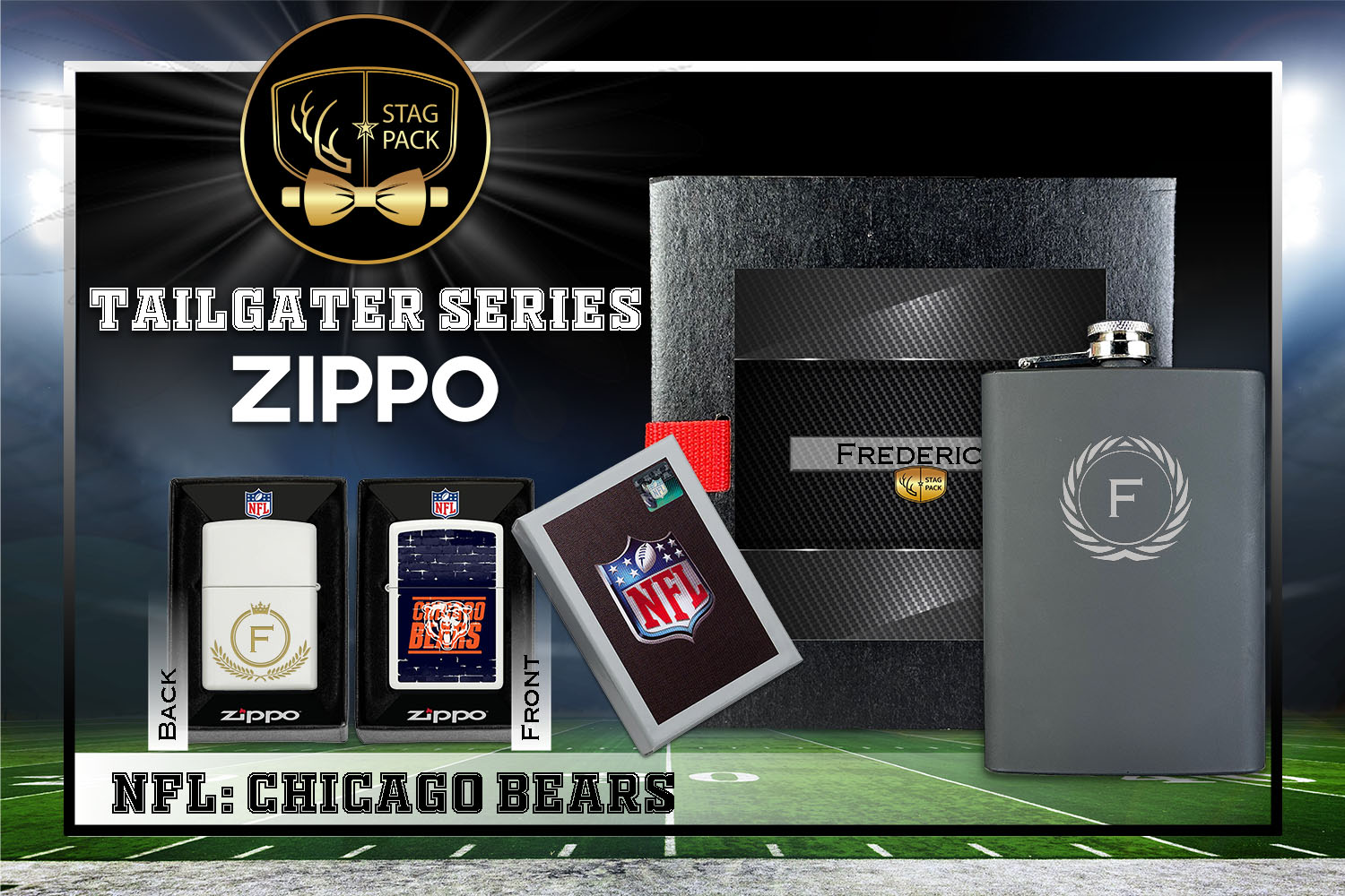 Custom Engraved Groomsmen Gift with Flask & Zippo Windproof Lighter in a Personalized Gift Box.