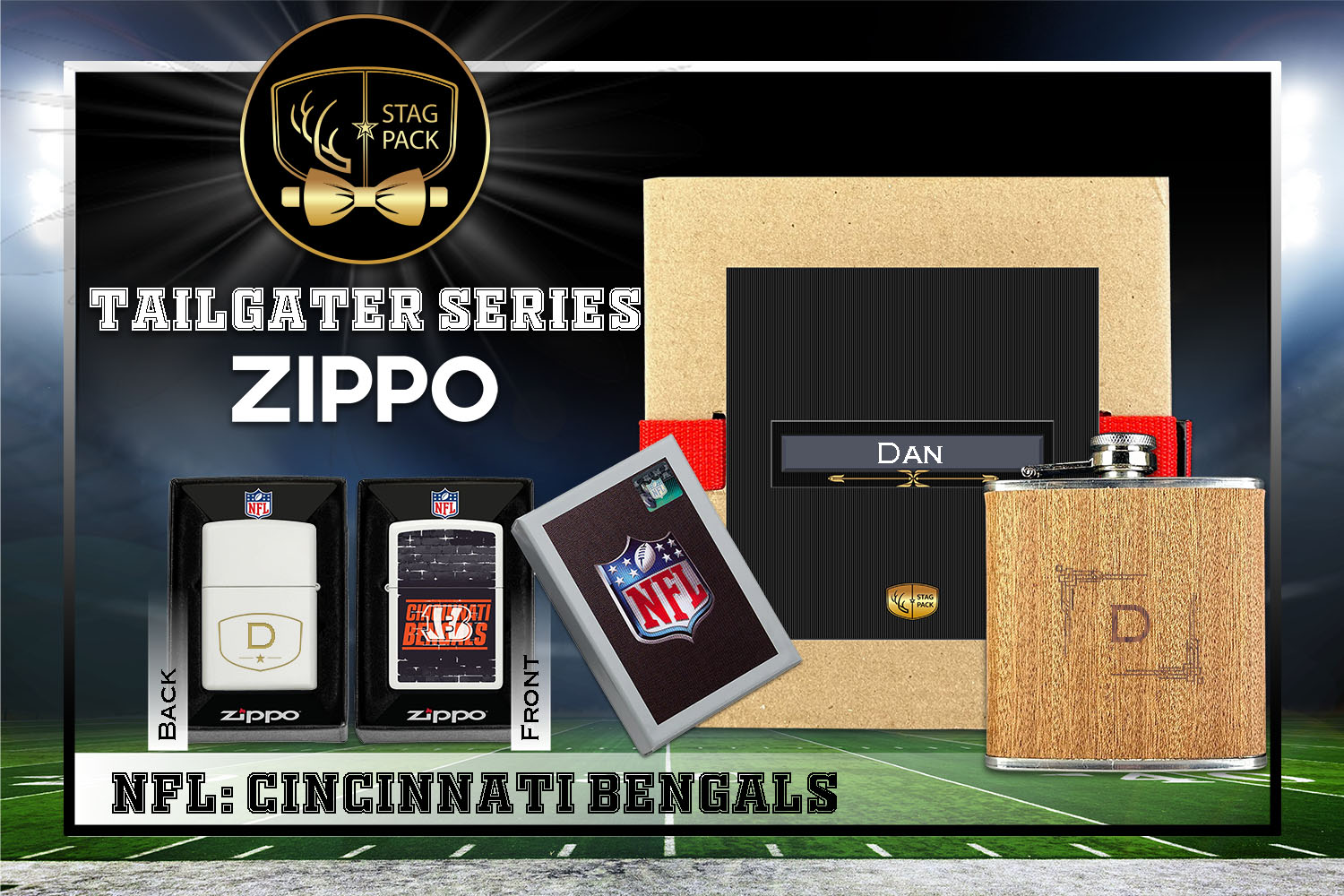 Custom Engraved Groomsmen Gift with Flask & Zippo Windproof Lighter in a Personalized Gift Box.