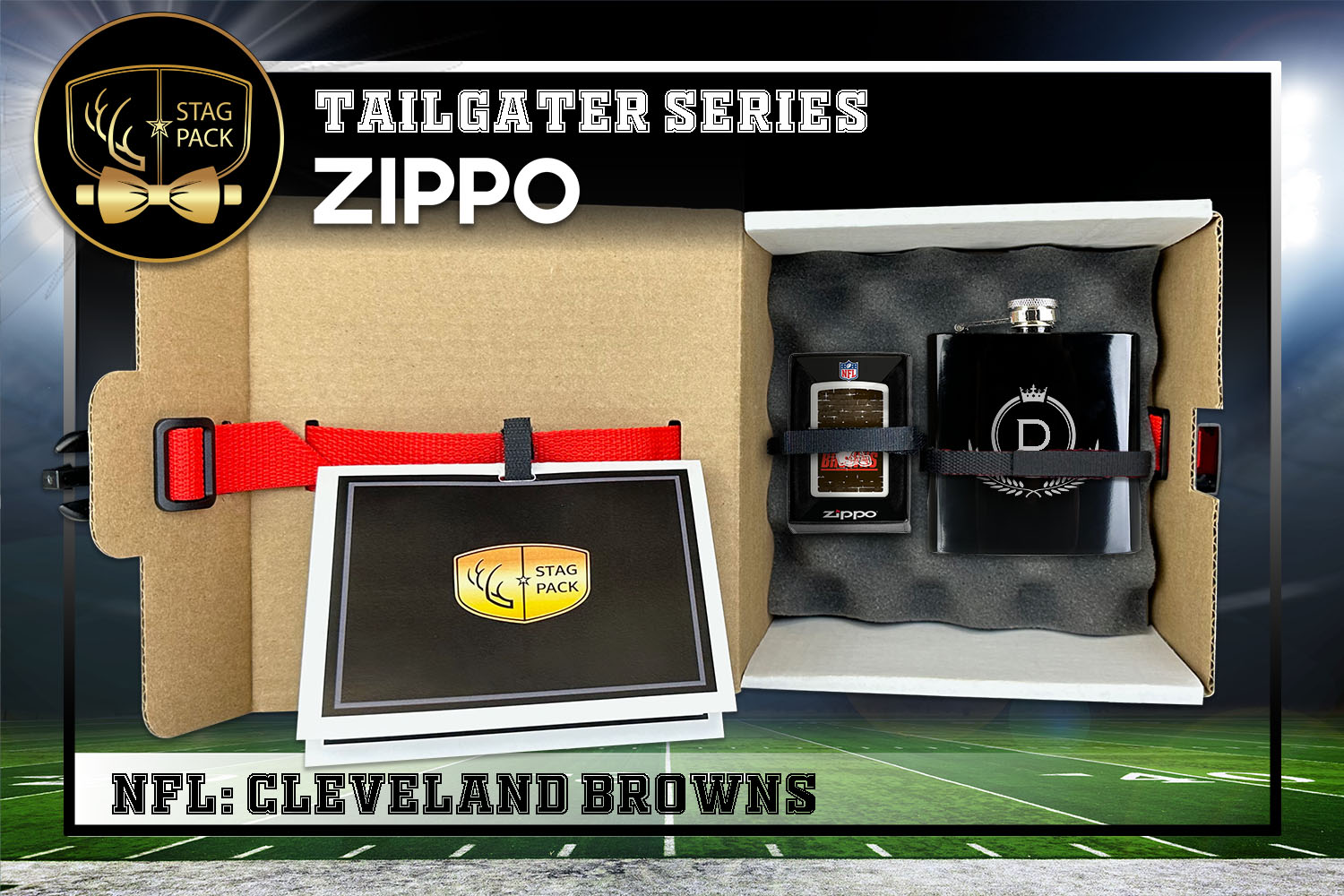 Custom Engraved Groomsmen Gift with Flask & Zippo packaged in a Personalized Gift Box with Message Card.