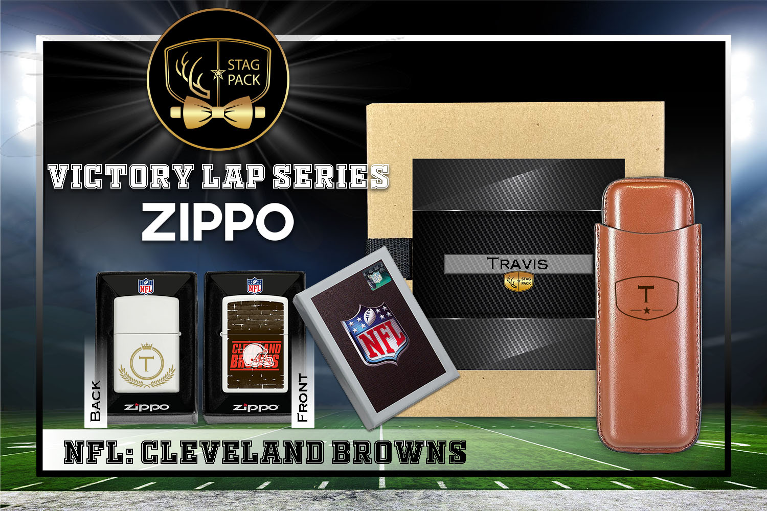 Custom Engraved Groomsmen Gift with Dual Sleeve Leather Cigar Case & Zippo Windproof Lighter in a Personalized Gift Box.