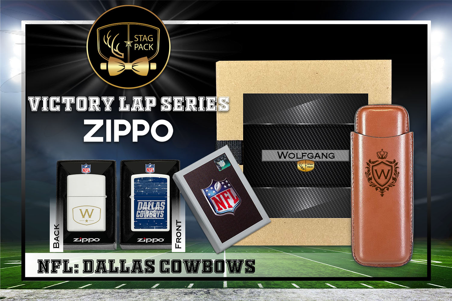 Custom Engraved Groomsmen Gift with Dual Sleeve Leather Cigar Case & Zippo Windproof Lighter in a Personalized Gift Box.