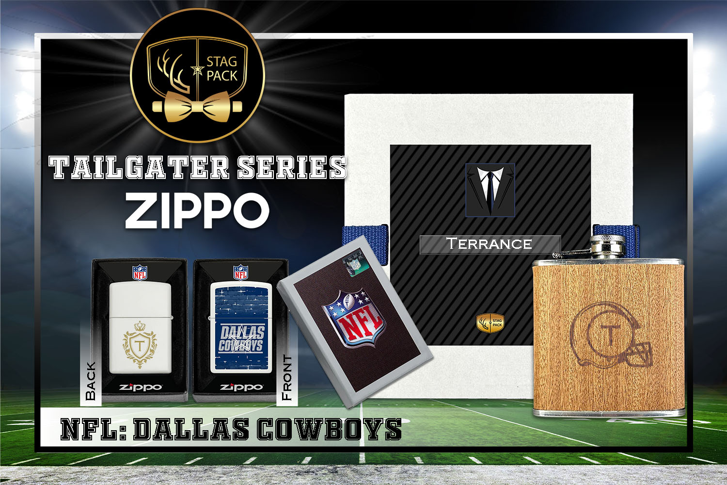 Custom Engraved Groomsmen Gift with Flask & Zippo Windproof Lighter in a Personalized Gift Box.