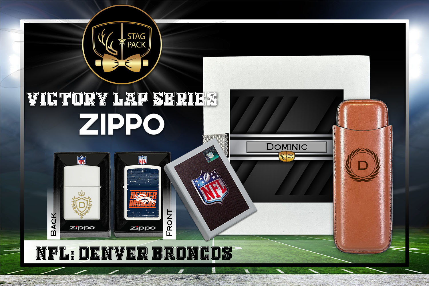 Custom Engraved Groomsmen Gift with Dual Sleeve Leather Cigar Case & Zippo Windproof Lighter in a Personalized Gift Box.