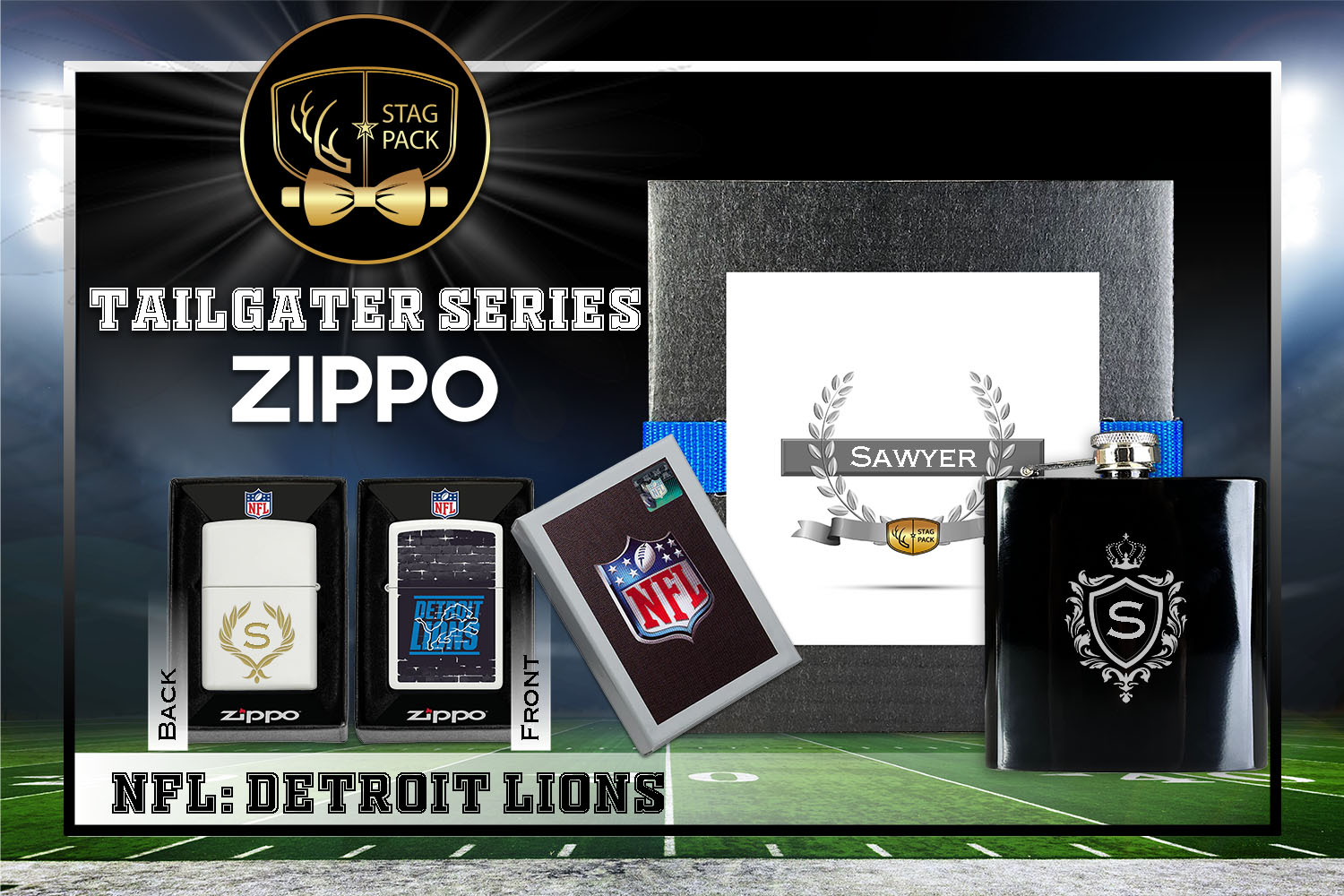 Custom Engraved Groomsmen Gift with Flask & Zippo Windproof Lighter in a Personalized Gift Box.