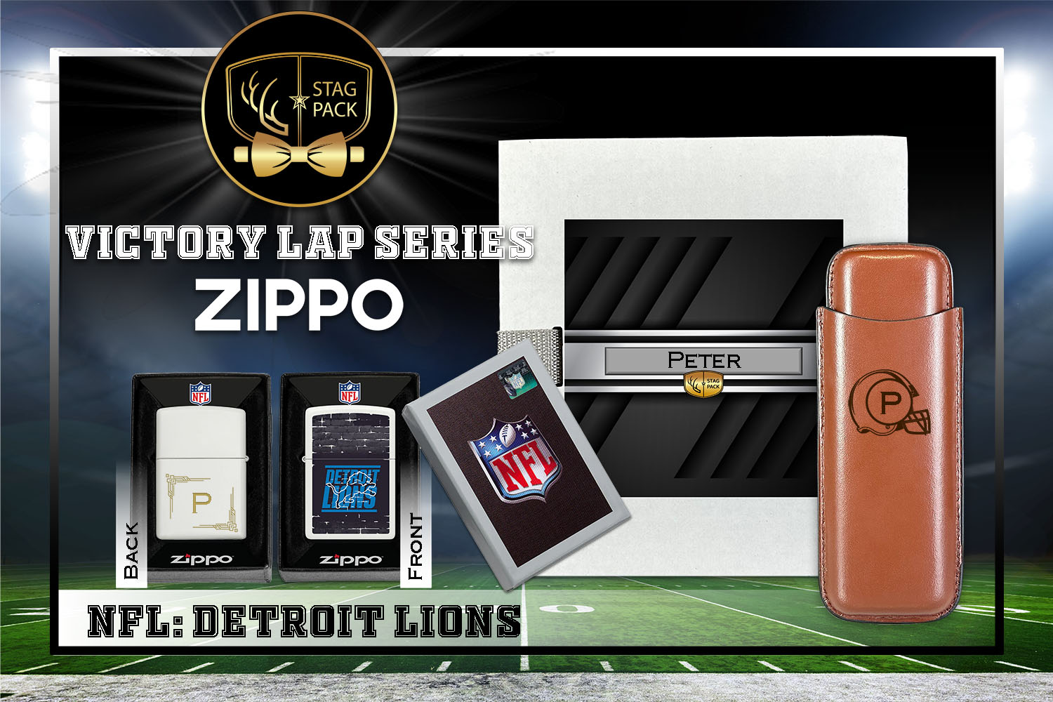 Custom Engraved Groomsmen Gift with Dual Sleeve Leather Cigar Case & Zippo Windproof Lighter in a Personalized Gift Box.