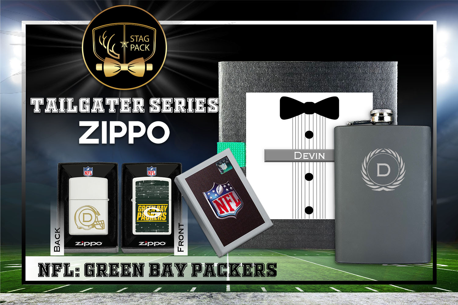 Custom Engraved Groomsmen Gift with Flask & Zippo Windproof Lighter in a Personalized Gift Box.