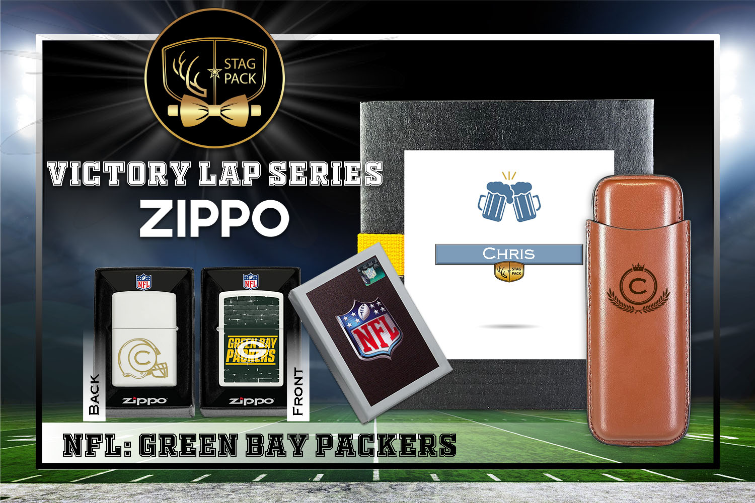 Custom Engraved Groomsmen Gift with Dual Sleeve Leather Cigar Case & Zippo Windproof Lighter in a Personalized Gift Box.