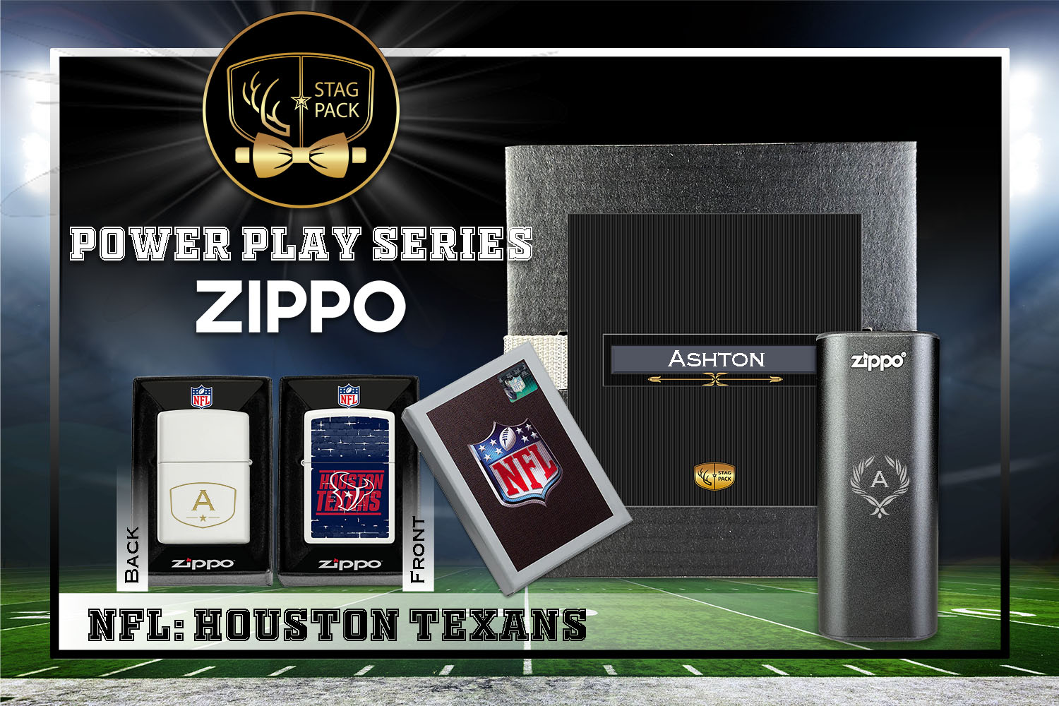 Custom Engraved Groomsmen Gift with NFL Zippo Windproof Lighter& Heatbank in a Personalized Gift Box.