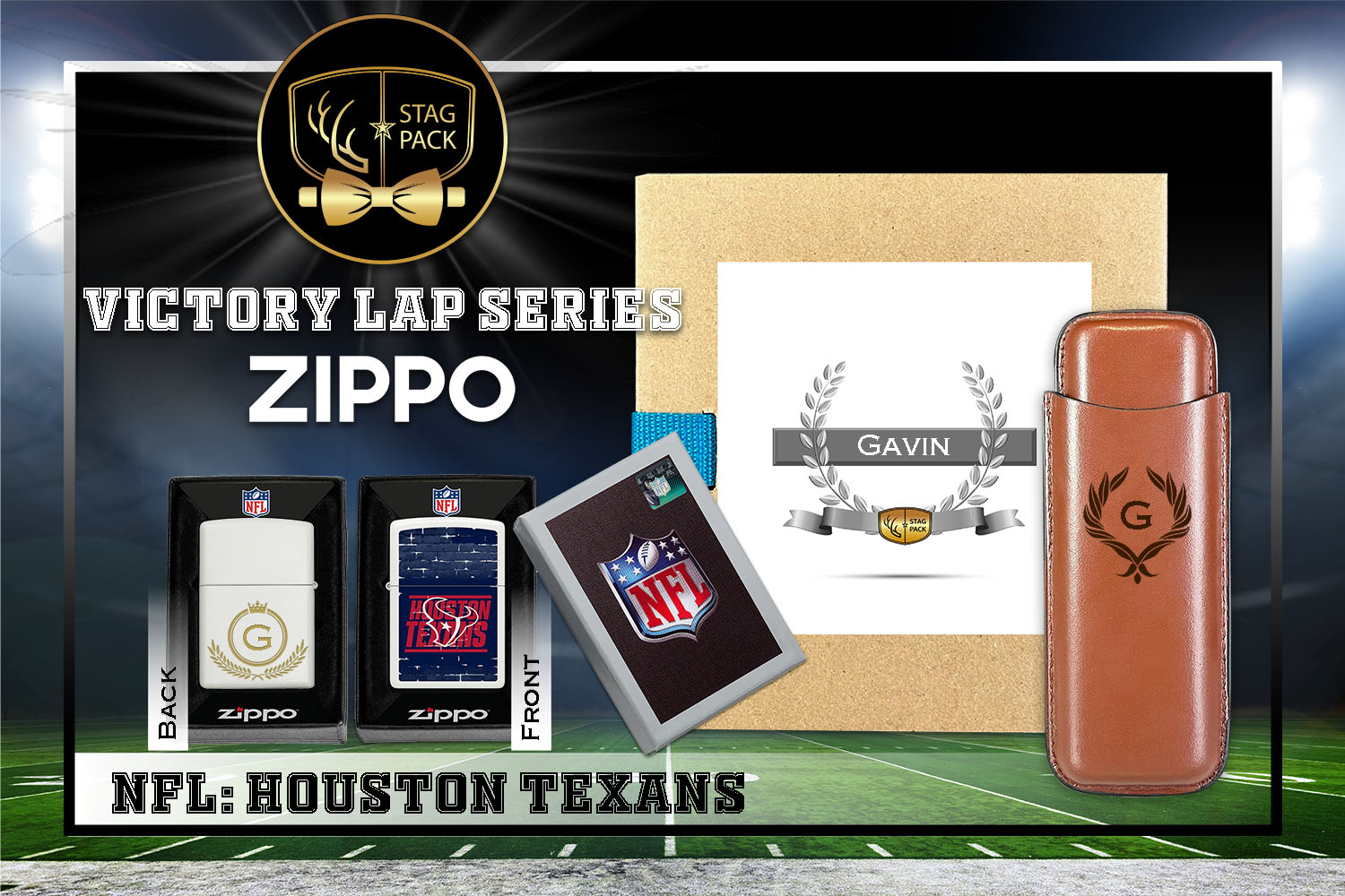 Custom Engraved Groomsmen Gift with Dual Sleeve Leather Cigar Case & Zippo Windproof Lighter in a Personalized Gift Box.