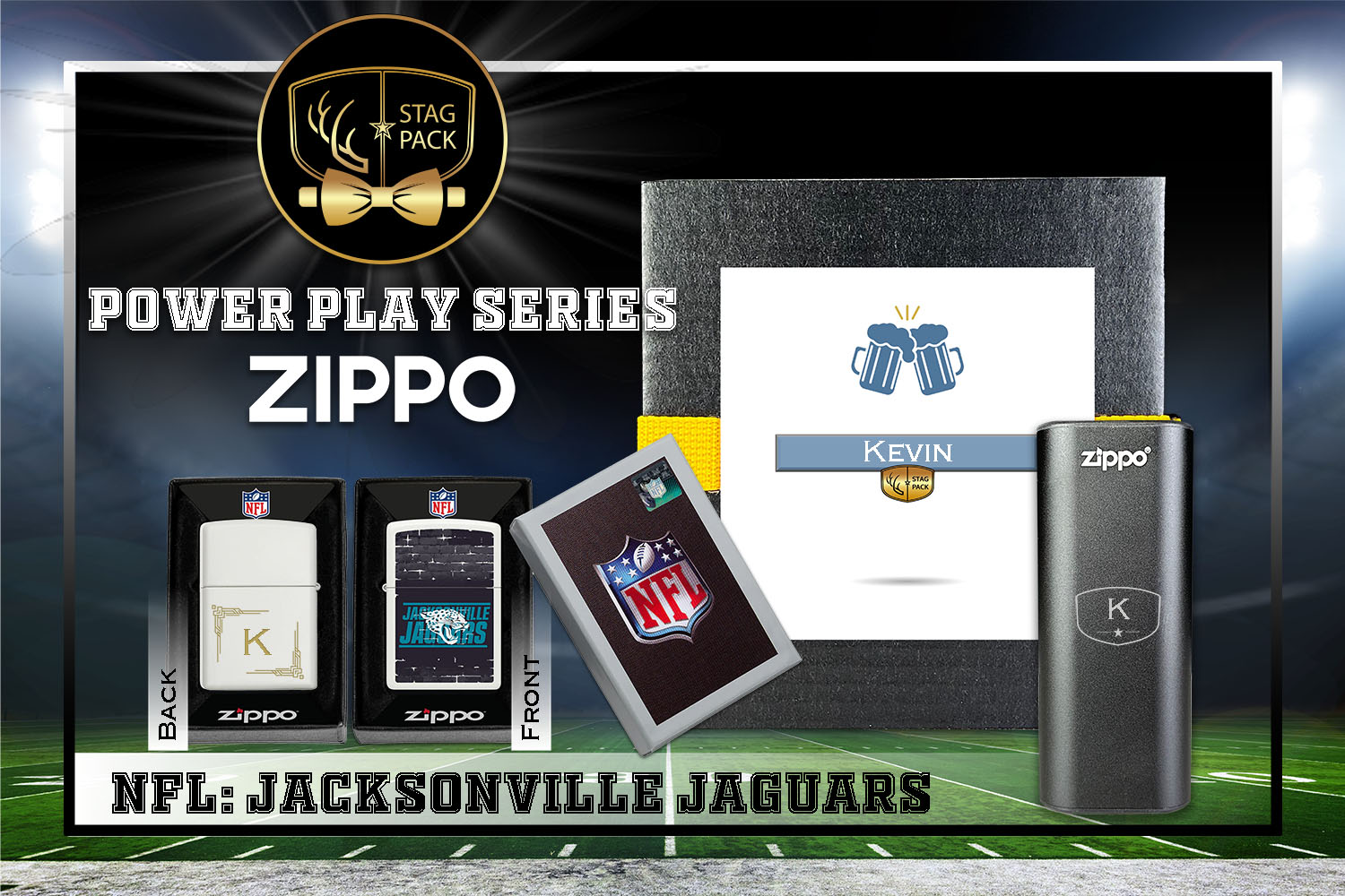 Custom Engraved Groomsmen Gift with NFL Zippo Windproof Lighter& Heatbank in a Personalized Gift Box.