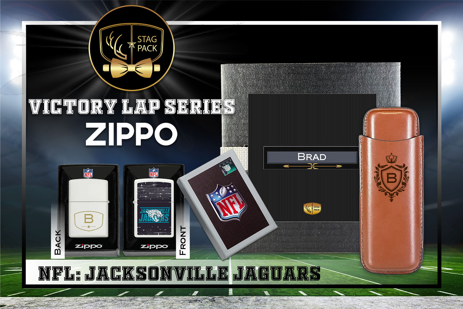 Custom Engraved Groomsmen Gift with Dual Sleeve Leather Cigar Case & Zippo Windproof Lighter in a Personalized Gift Box.