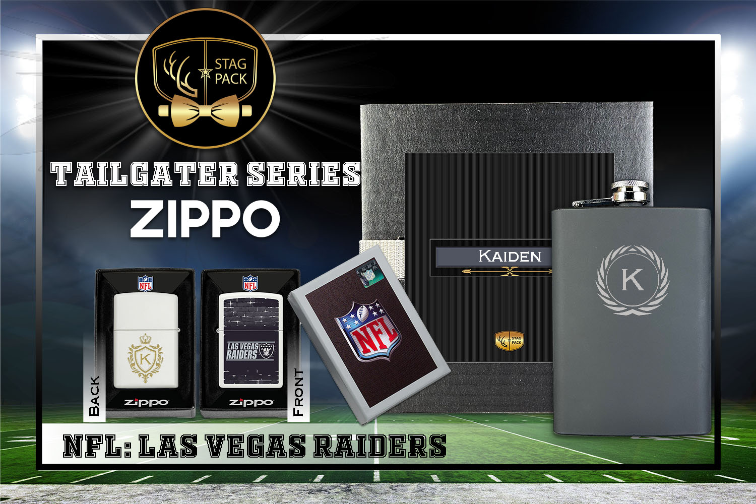 Custom Engraved Groomsmen Gift with Flask & Zippo Windproof Lighter in a Personalized Gift Box.