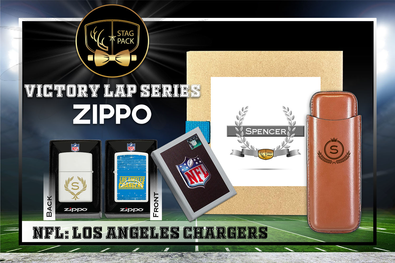 Custom Engraved Groomsmen Gift with Dual Sleeve Leather Cigar Case & Zippo Windproof Lighter in a Personalized Gift Box.