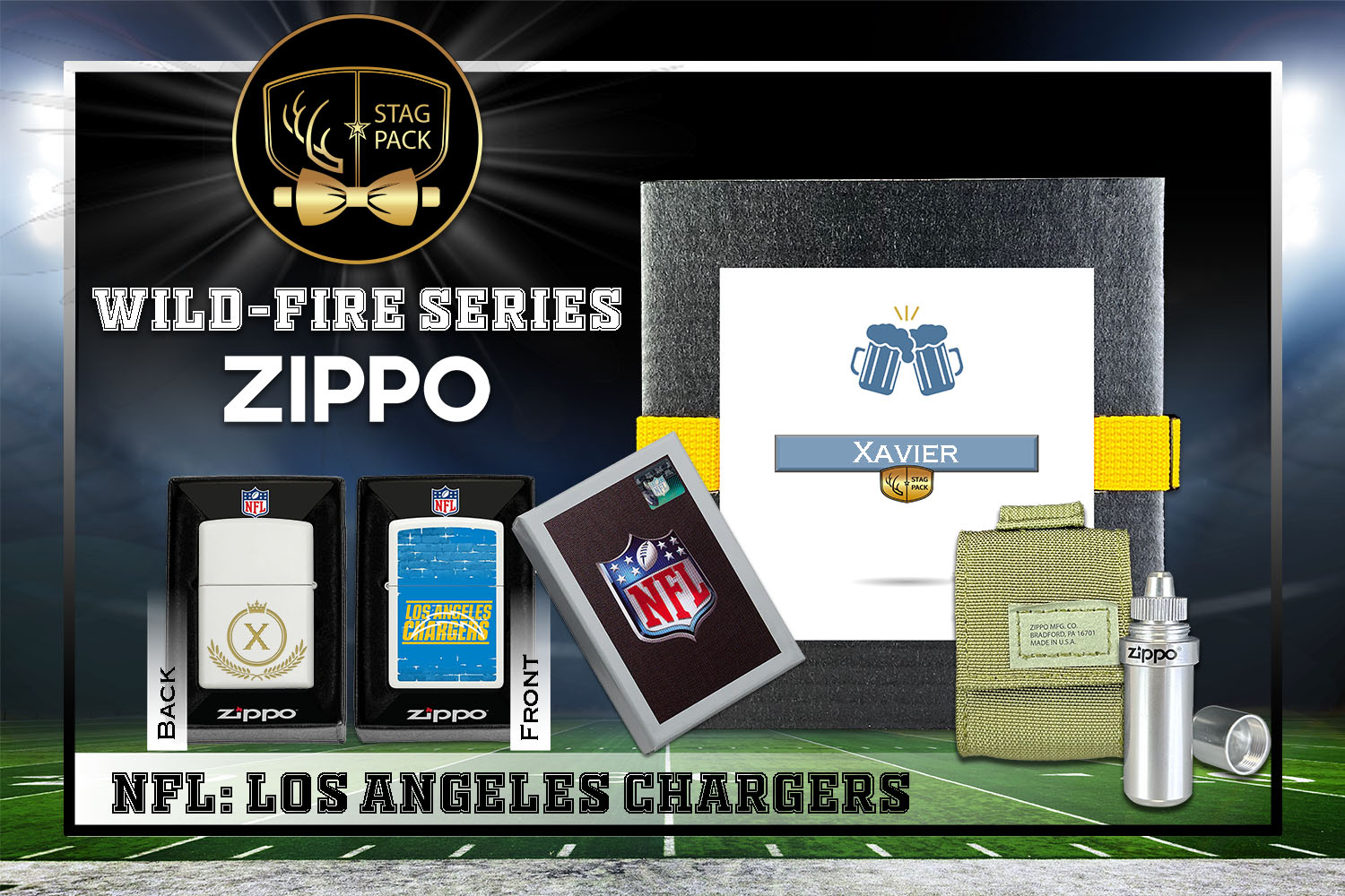 Custom Engraved Groomsmen Gift with NFL Windproof Zippo Lighter, a Fluid Canister and Pouch Gift-Pack in a Personalized Gift Box.